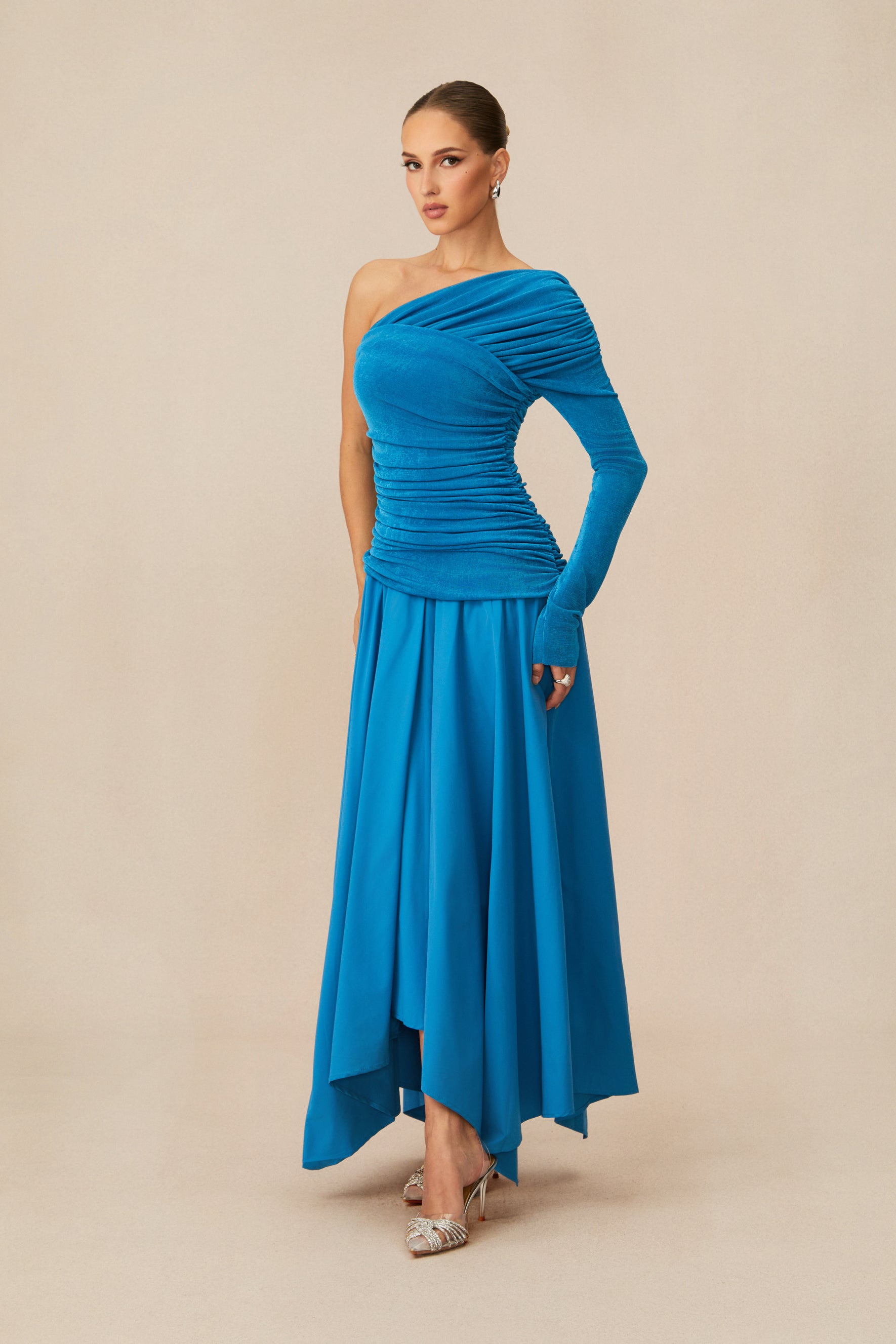 Jane One Shoulder Asymmetric Hem Maxi Dress