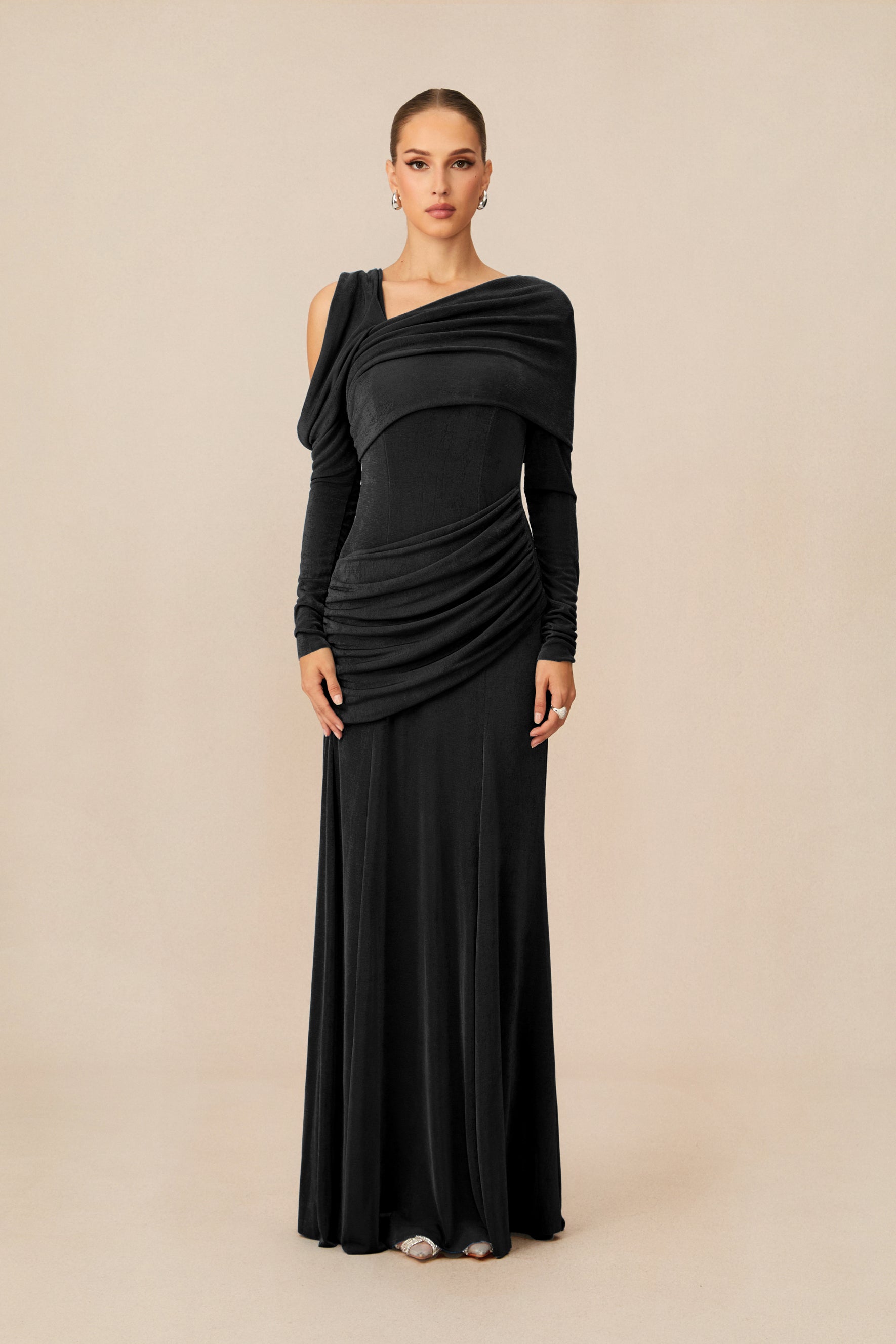 Judith Asymmetric Ruched Long Sleeve Maxi Dress
