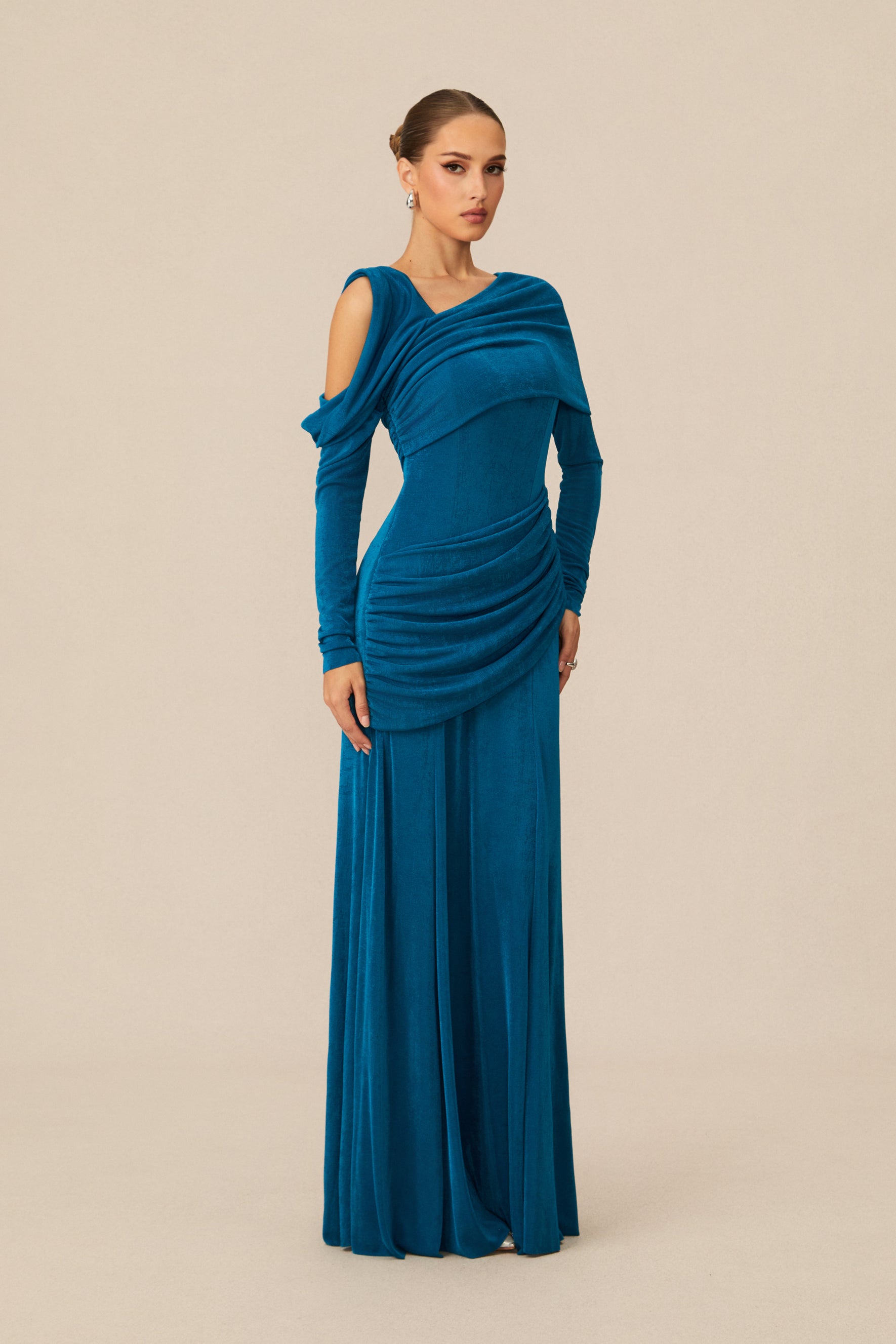 Judith Asymmetric Ruched Long Sleeve Maxi Dress