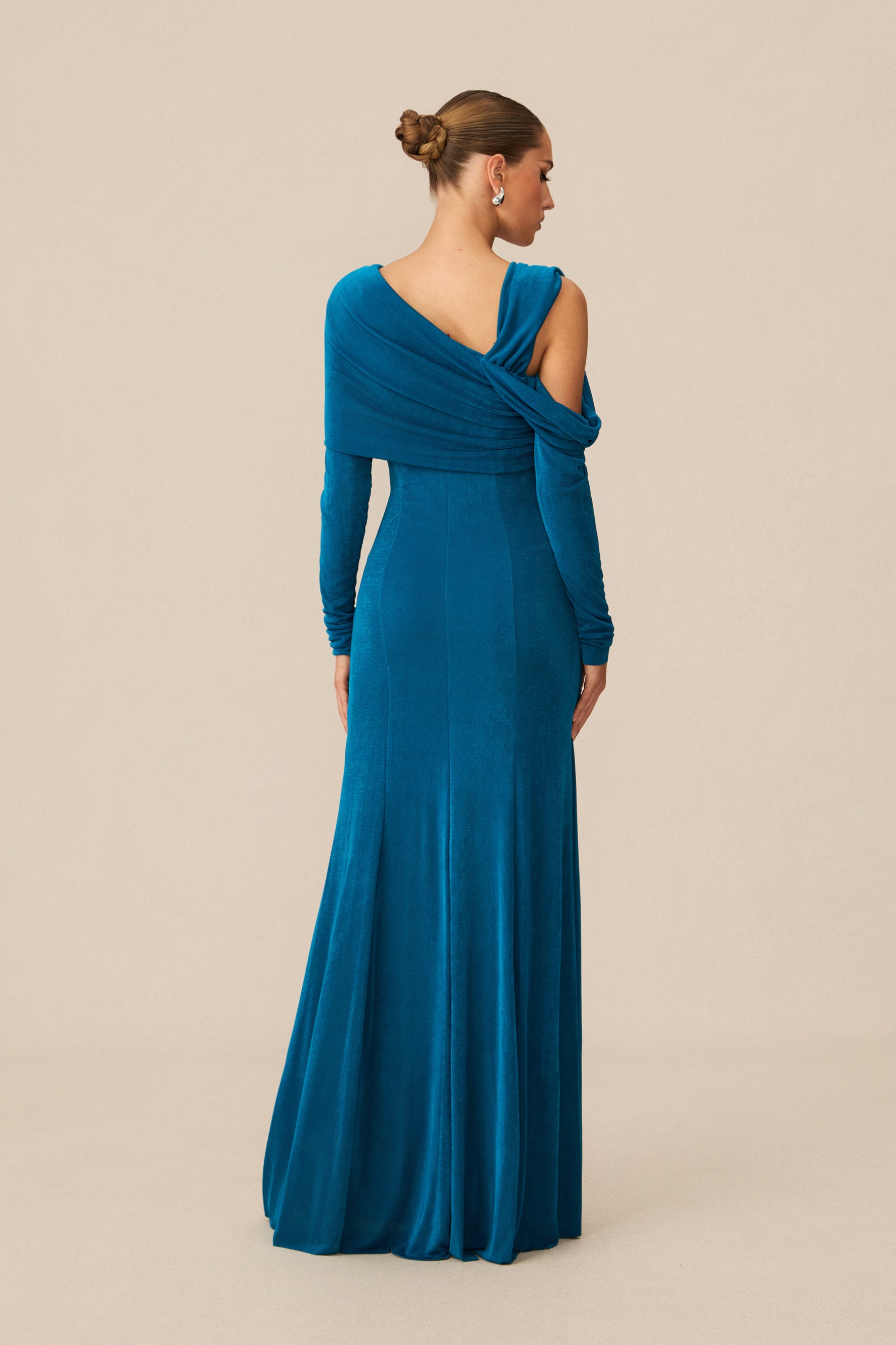 Judith Asymmetric Ruched Long Sleeve Maxi Dress