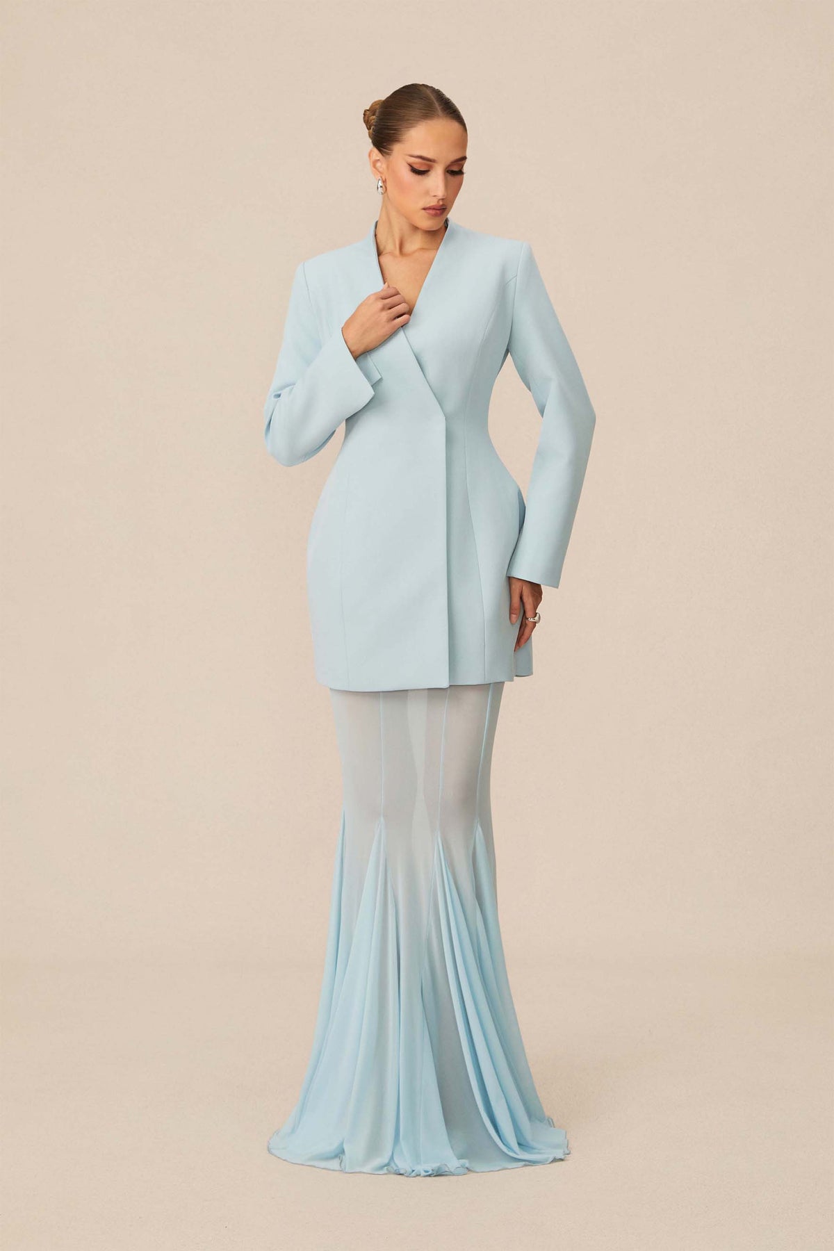 Myra Asymmetric Tailored Blazer & Sheer Mesh Skirt Set