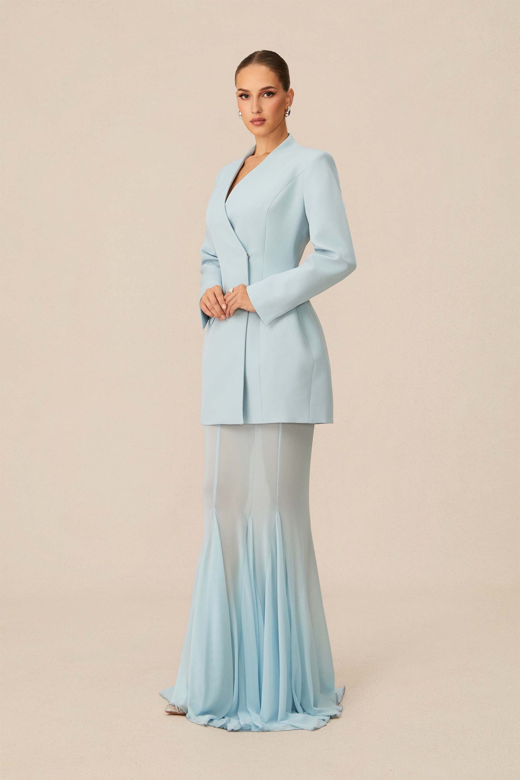 Myra Asymmetric Tailored Blazer & Sheer Mesh Skirt Set