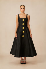 Elegant Mood Black Embellished Square Neck Midi Dress