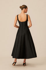 Elegant Mood Black Embellished Square Neck Midi Dress