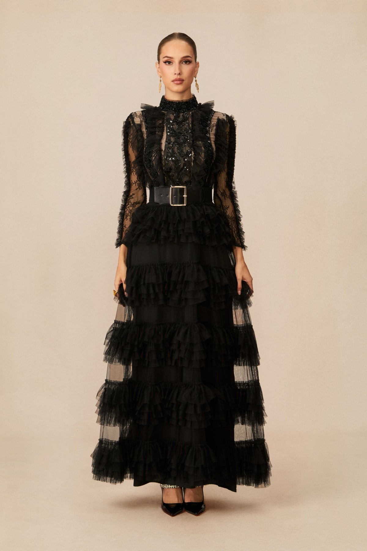 Midnight Allure Black Lace Sleeve Ruffled Maxi Dress