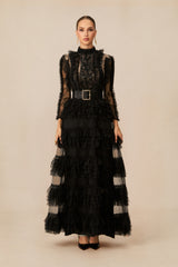 Midnight Allure Black Lace Sleeve Ruffled Maxi Dress