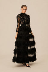 Midnight Allure Black Lace Sleeve Ruffled Maxi Dress