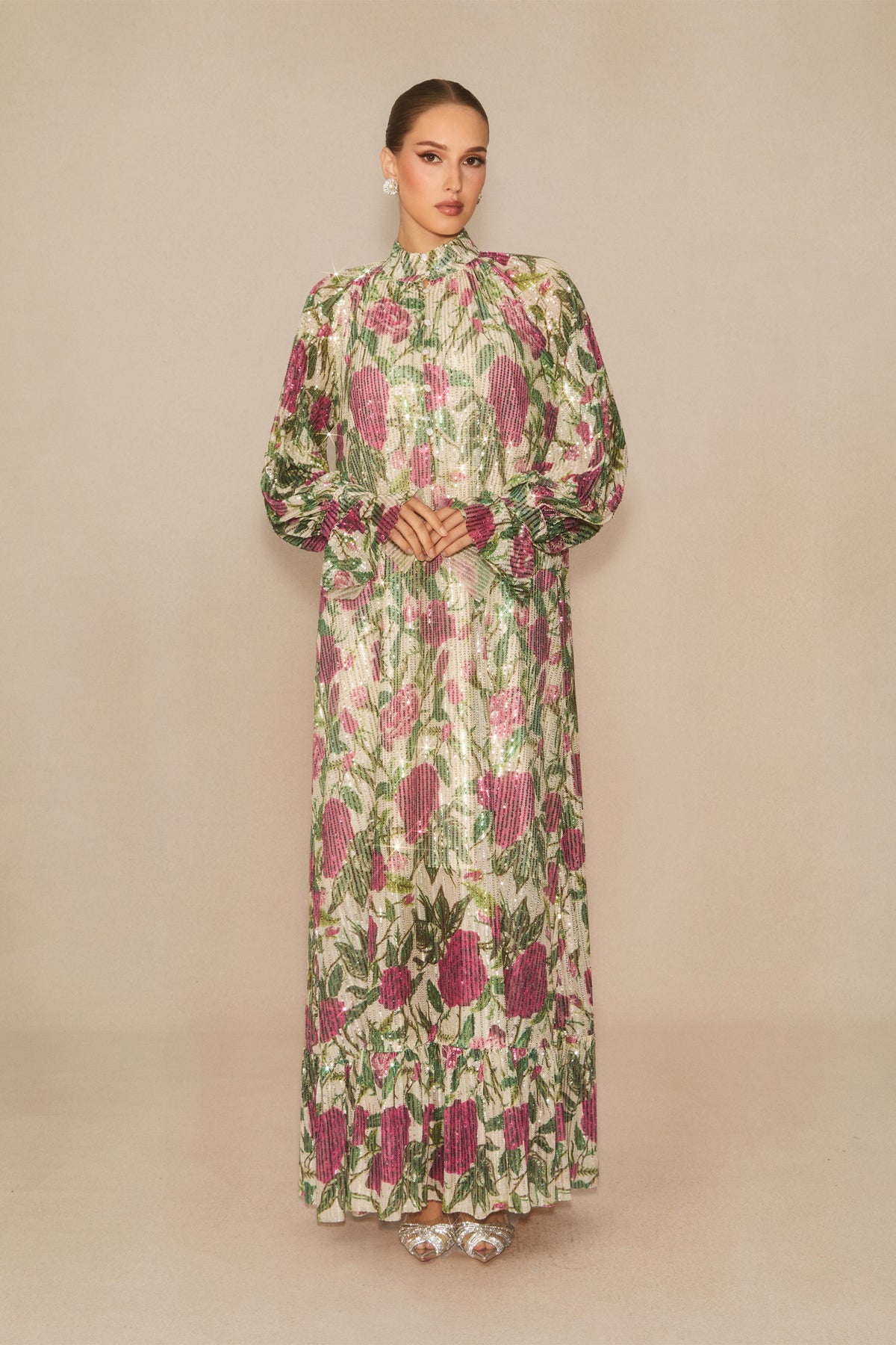 Mina Floral Print Sequin Embellished Maxi Dress