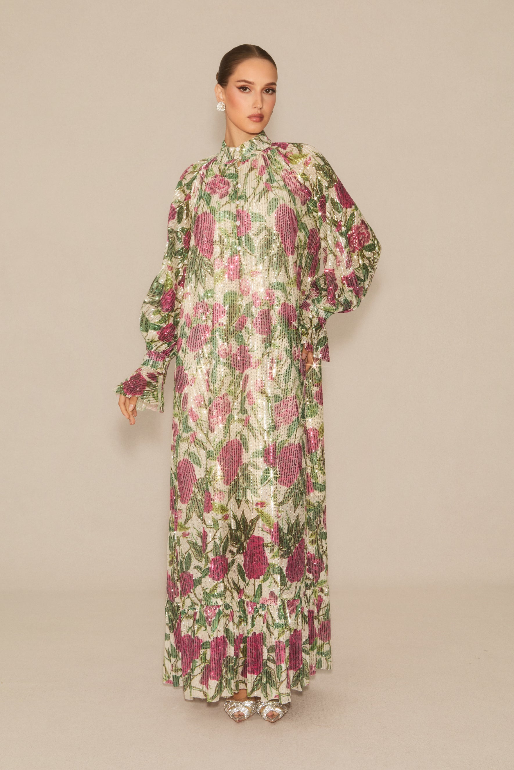 Mina Floral Print Sequin Embellished Maxi Dress