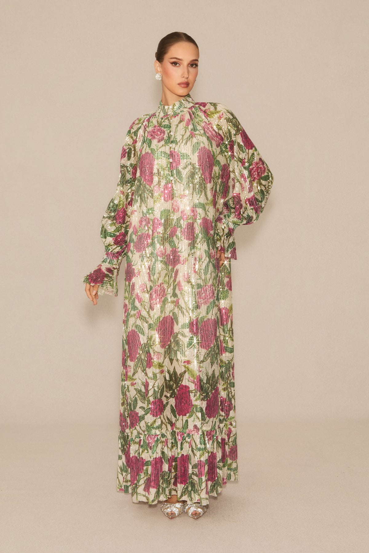 Mina Floral Print Sequin Embellished Maxi Dress