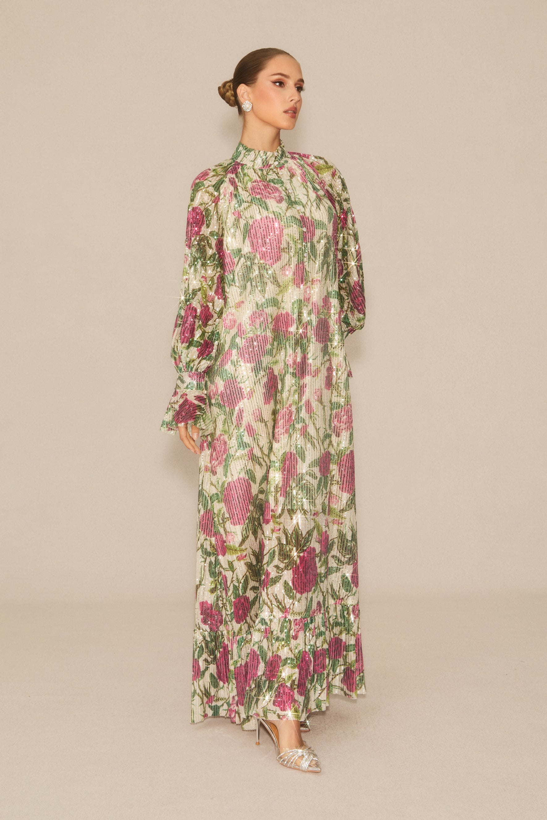 Mina Floral Print Sequin Embellished Maxi Dress