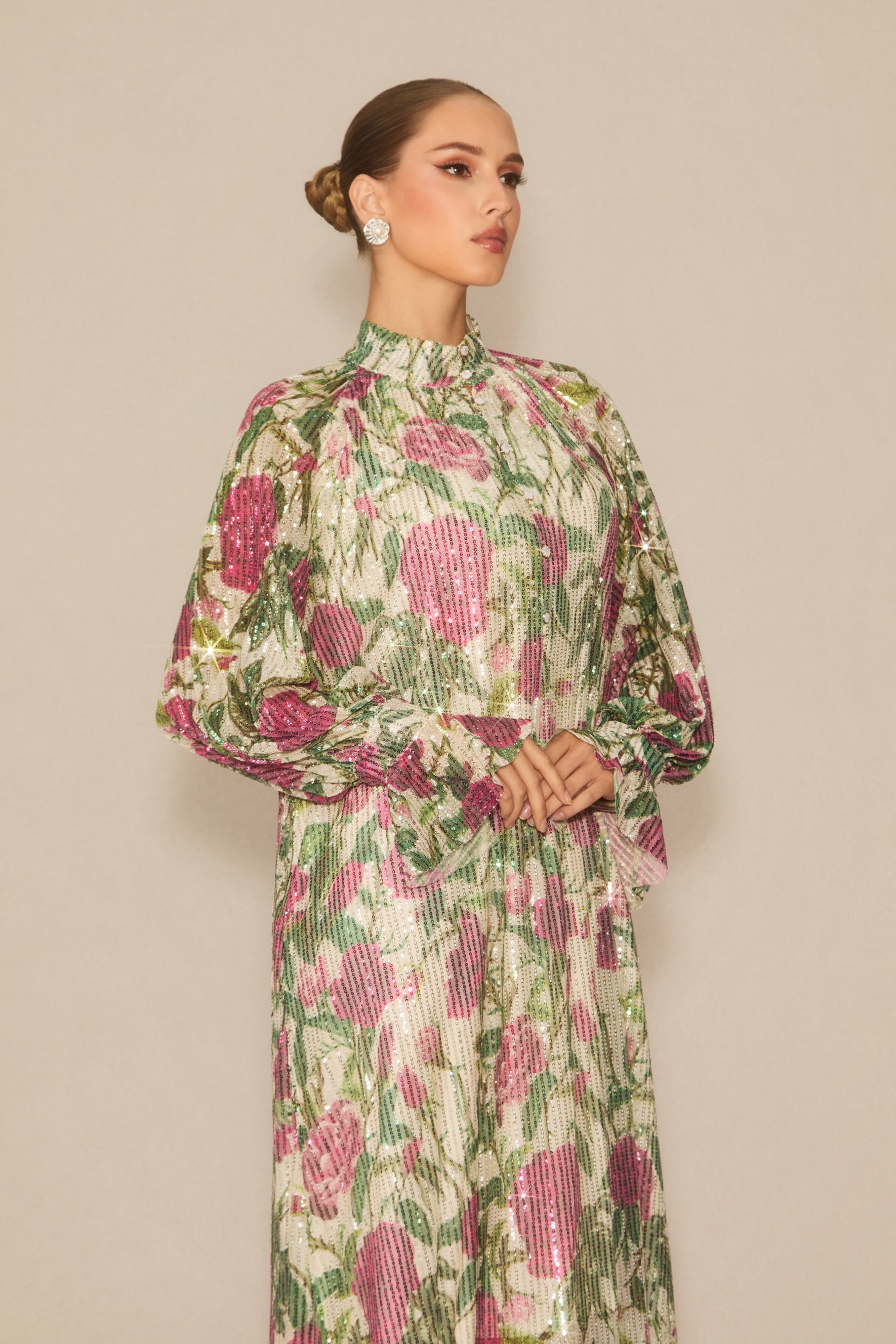 Mina Floral Print Sequin Embellished Maxi Dress