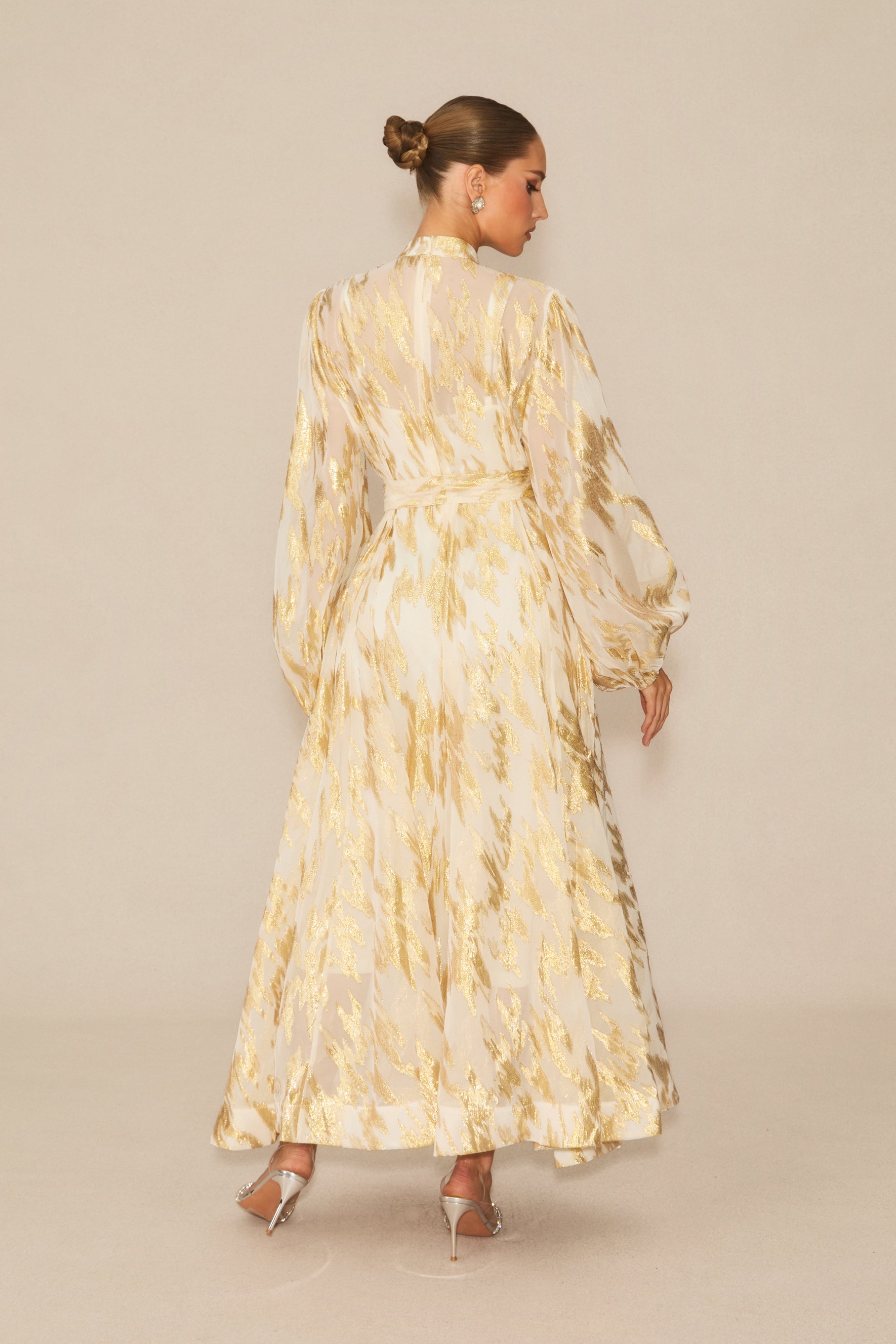 Aitana Metallic Print Puff Sleeve Maxi Dress