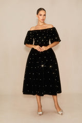 Marvelous Radiance Black Off Shoulder Velvet Midi Dress