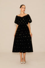 Marvelous Radiance Black Off Shoulder Velvet Midi Dress