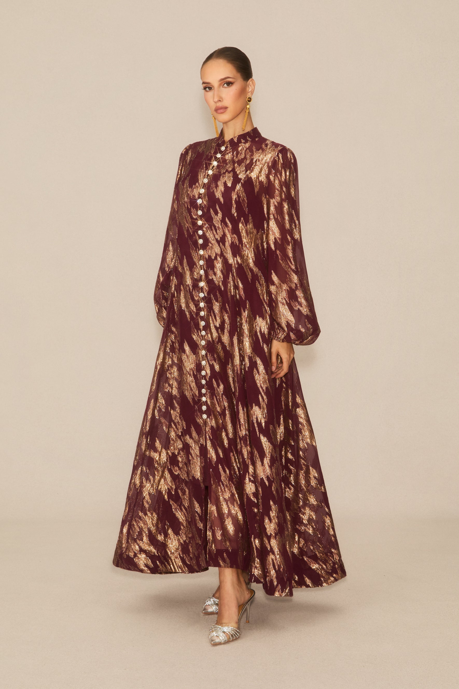Aitana Metallic Print Puff Sleeve Maxi Dress