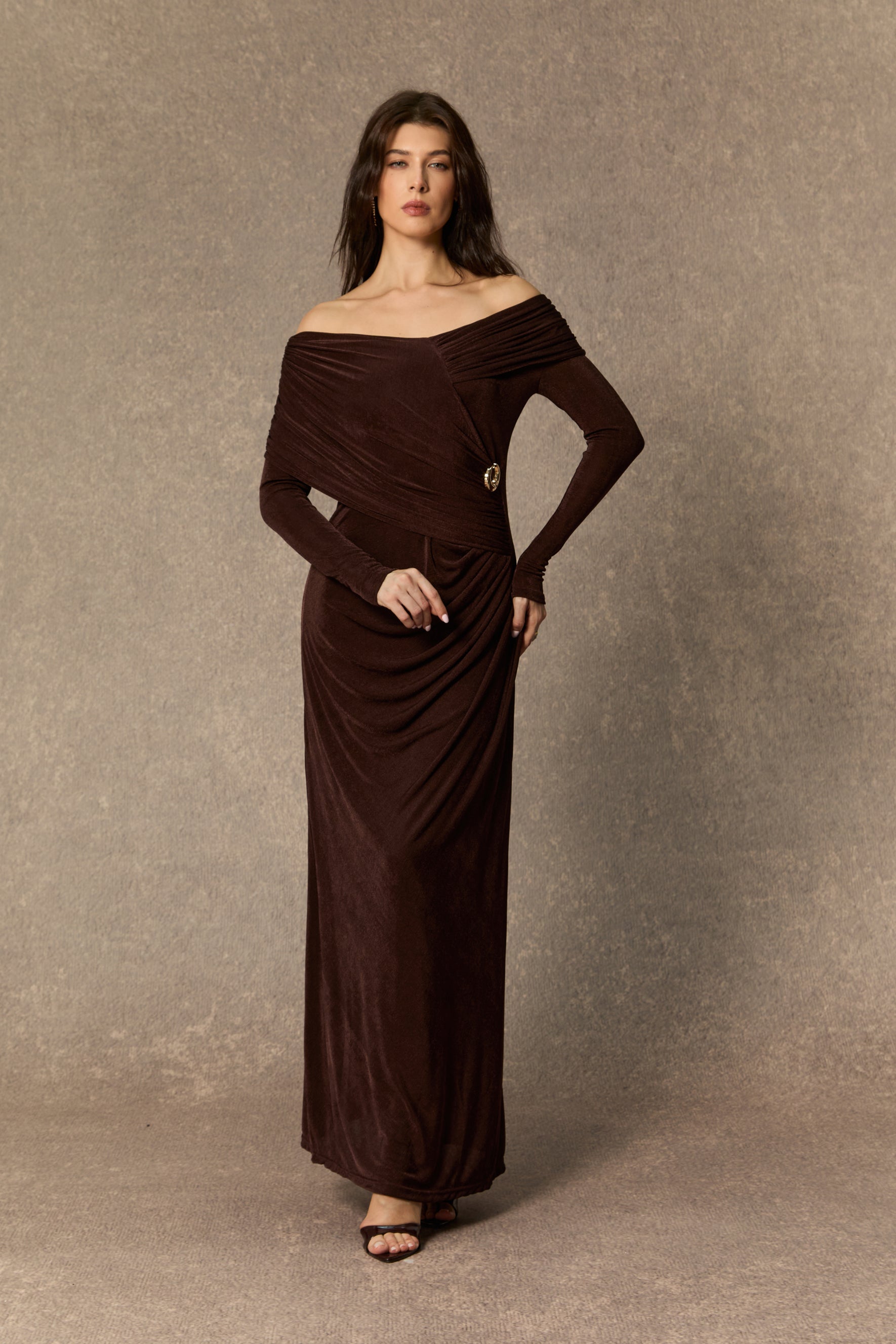 Always Remarkable Brown Off Shoulder Gathered Maxi Dress