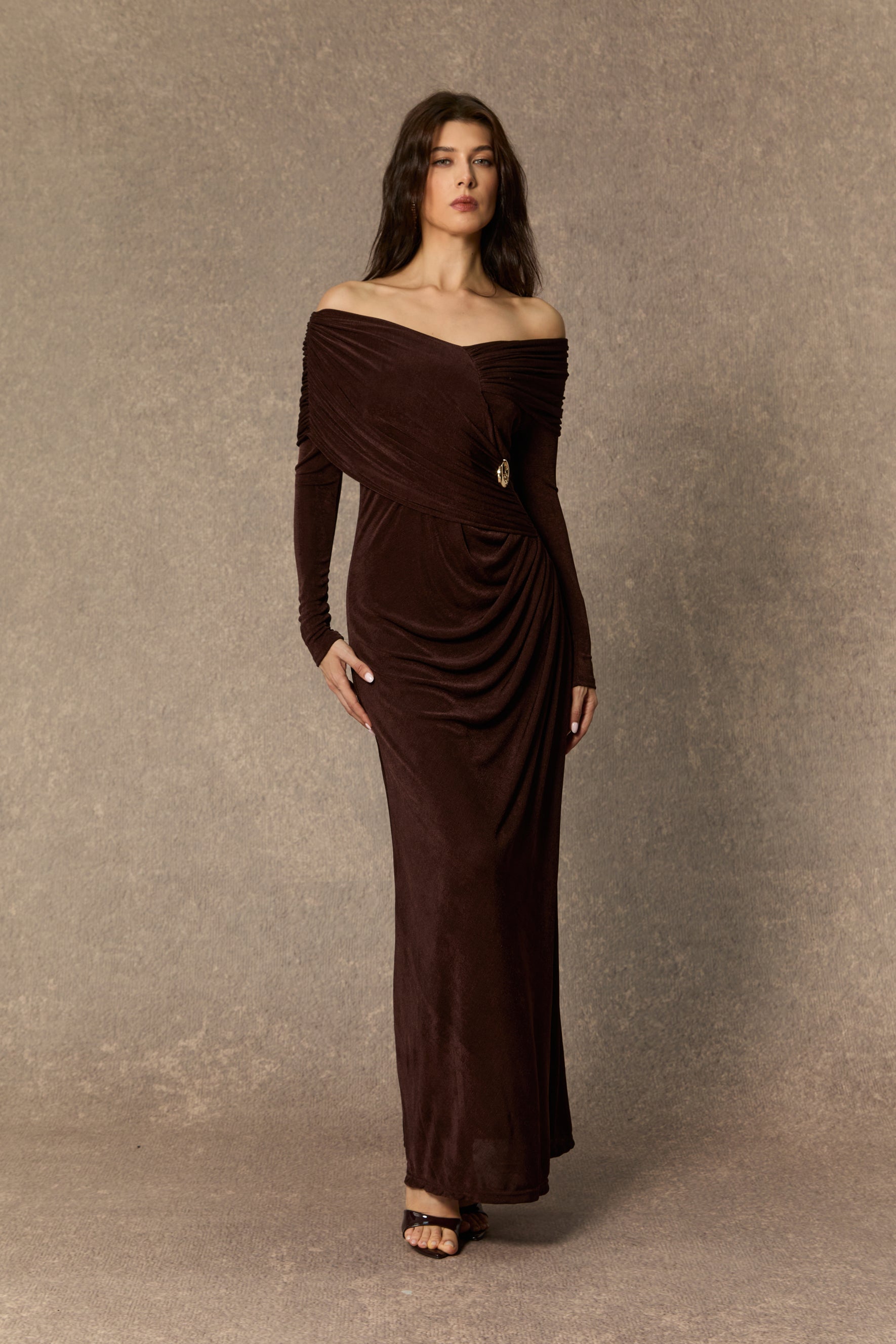 Always Remarkable Brown Off Shoulder Gathered Maxi Dress