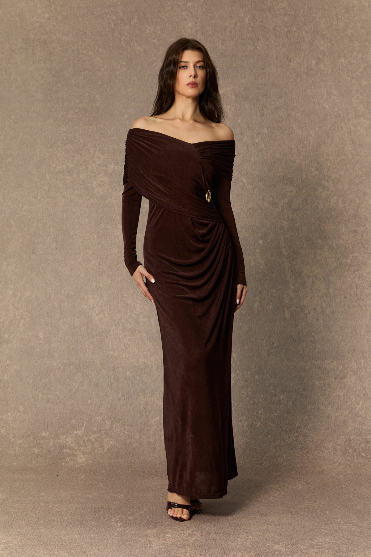 Always Remarkable Brown Off Shoulder Gathered Maxi Dress