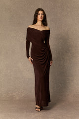 Always Remarkable Brown Off Shoulder Gathered Maxi Dress