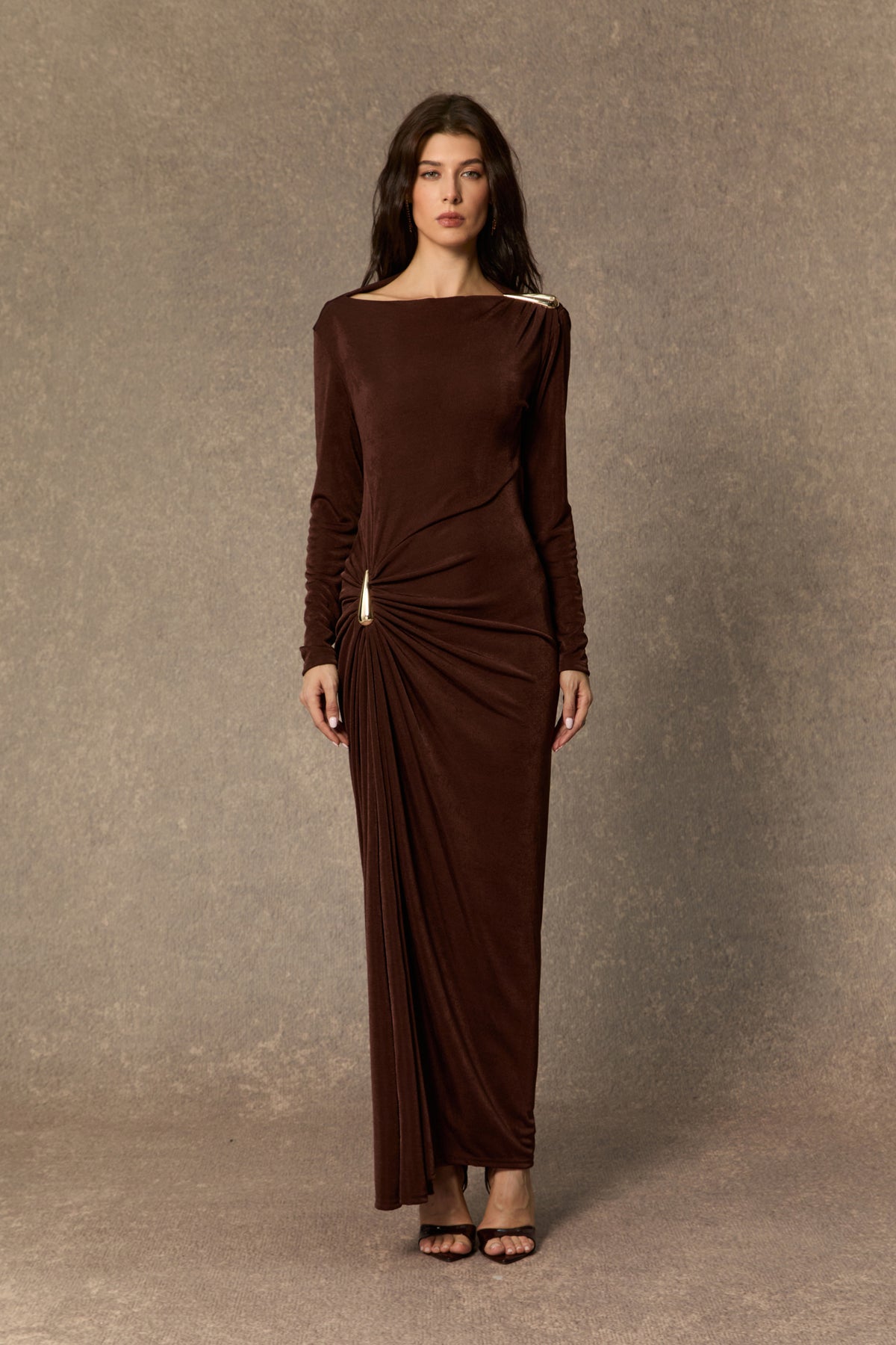 Effortlessly Stunning Brown Asymmetric Ruched Maxi Dress
