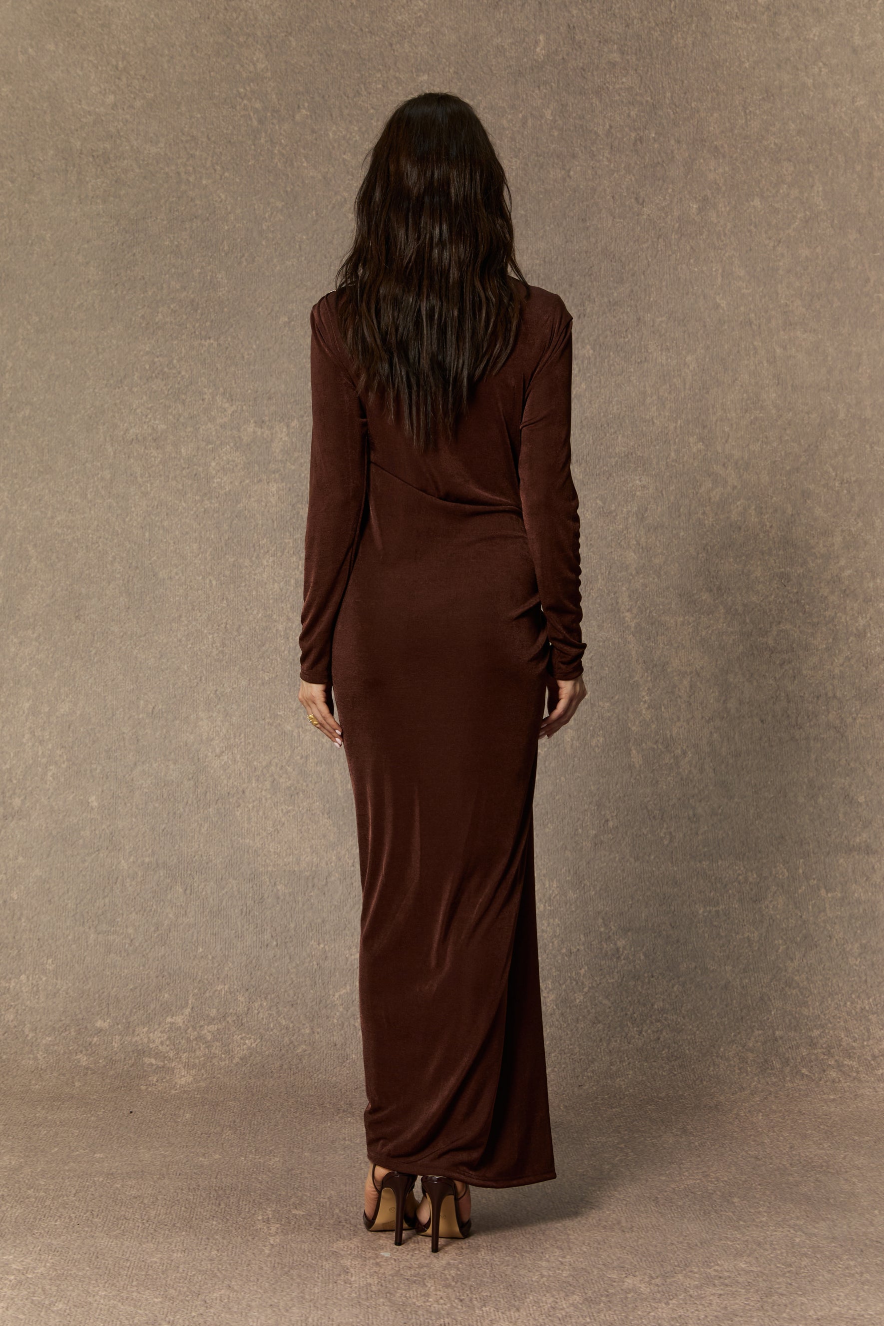 Effortlessly Stunning Brown Asymmetric Ruched Maxi Dress