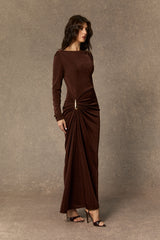 Effortlessly Stunning Brown Asymmetric Ruched Maxi Dress