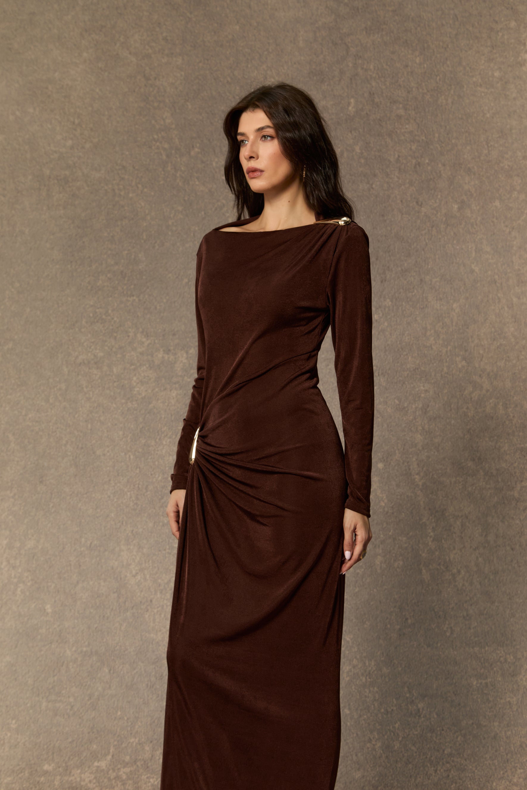 Effortlessly Stunning Brown Asymmetric Ruched Maxi Dress