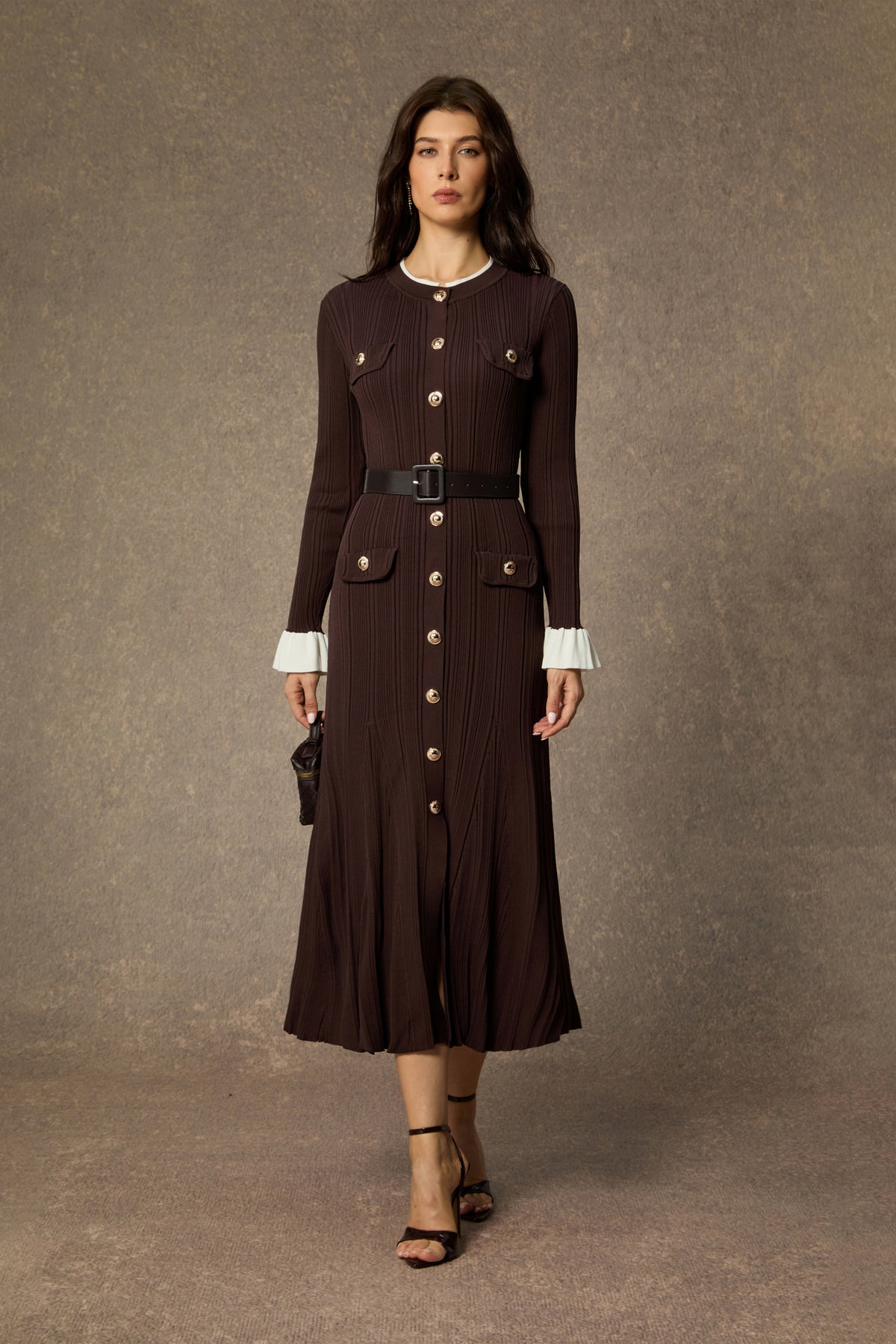 Autumn Luxe Brown Contrast Trim Ruffle Midi Dress