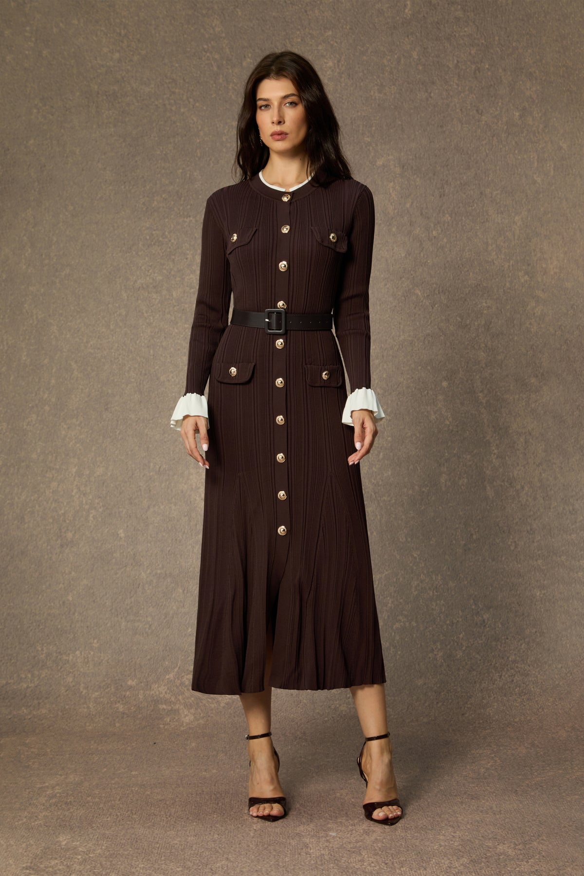 Autumn Luxe Brown Contrast Trim Ruffle Midi Dress