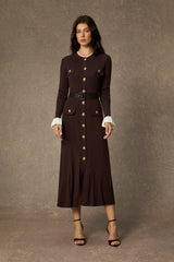 Autumn Luxe Brown Contrast Trim Ruffle Midi Dress