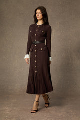 Autumn Luxe Brown Contrast Trim Ruffle Midi Dress