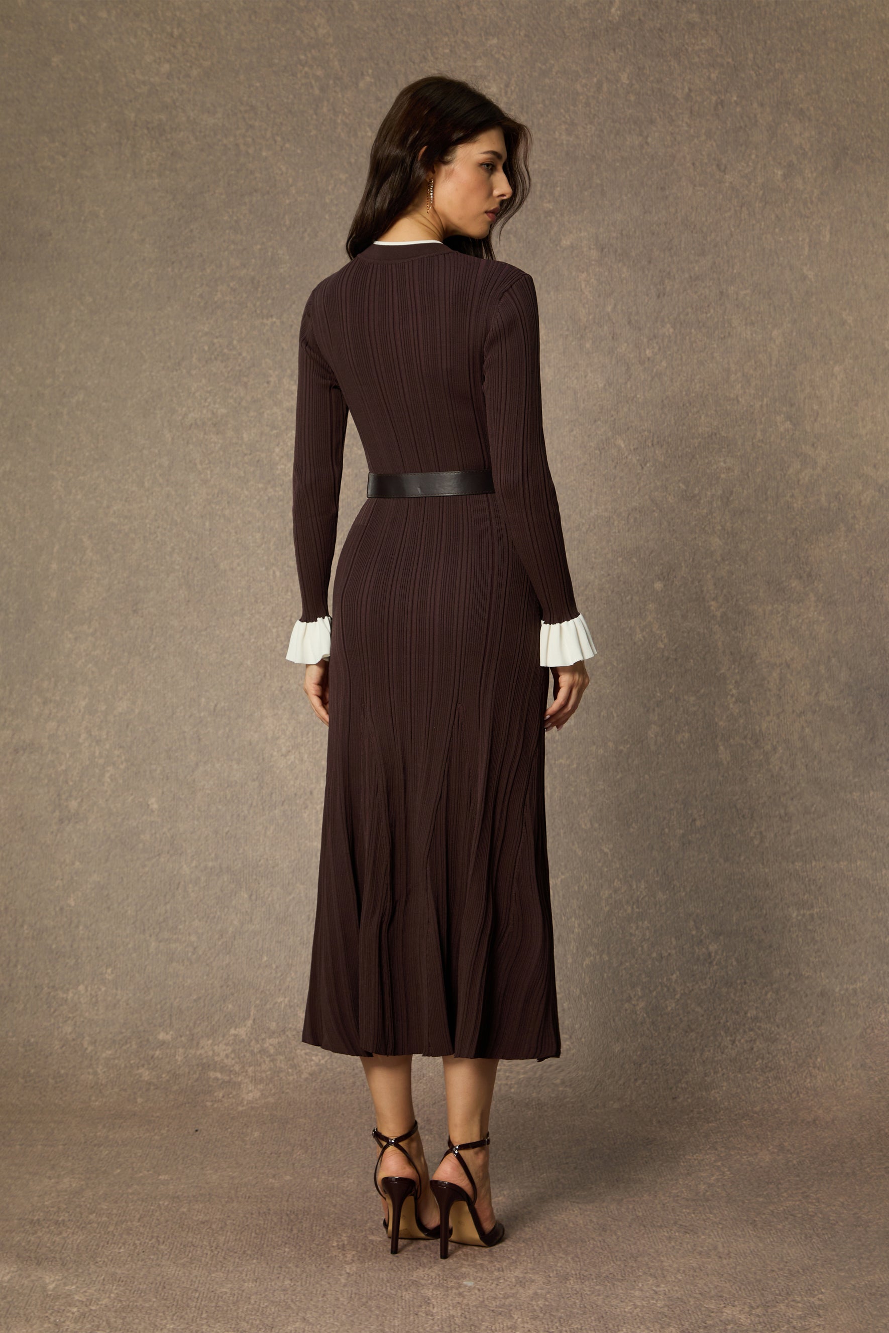 Autumn Luxe Brown Contrast Trim Ruffle Midi Dress