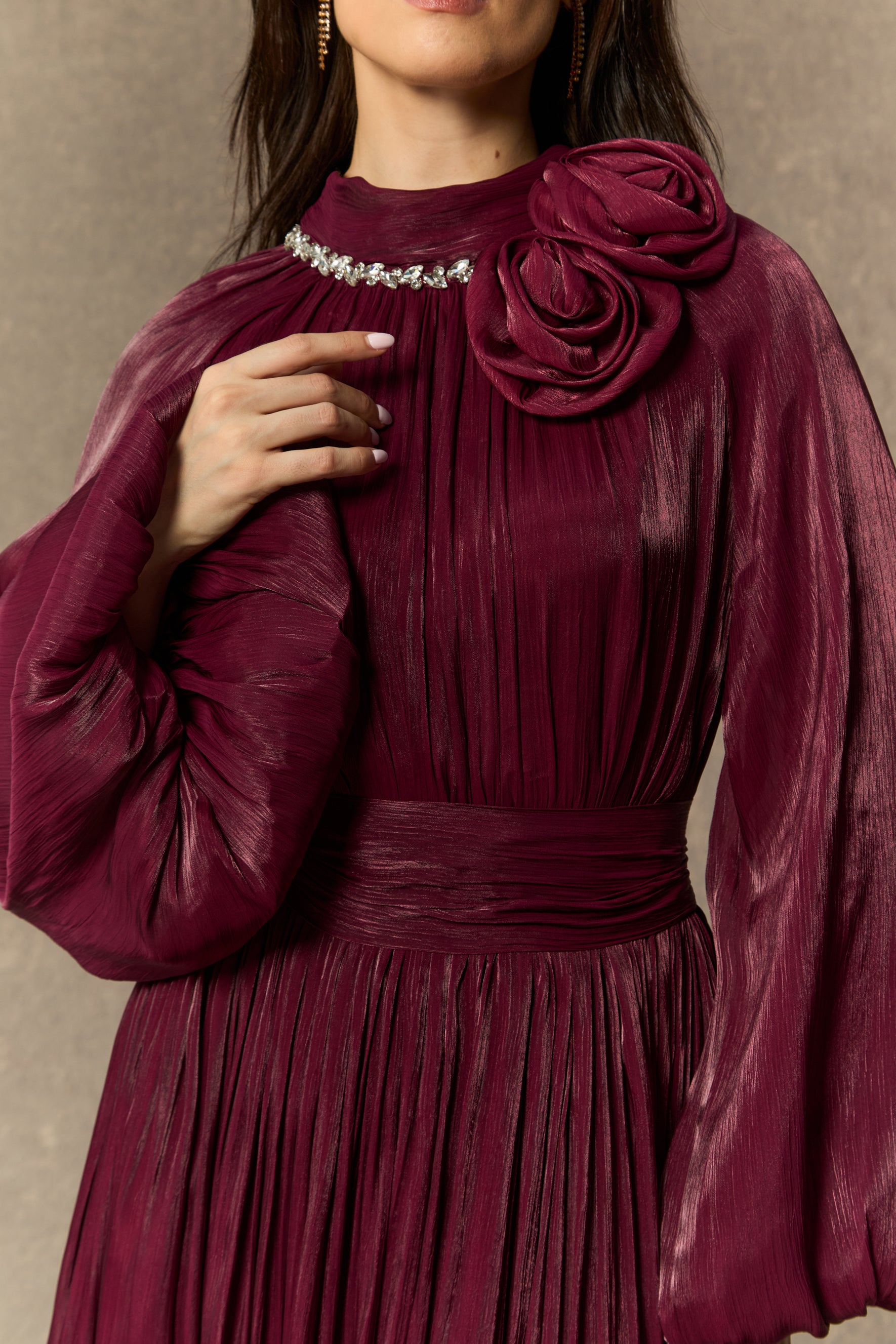 Beautiful Night Burgundy Pearl Collared Pleated Maxi Dress