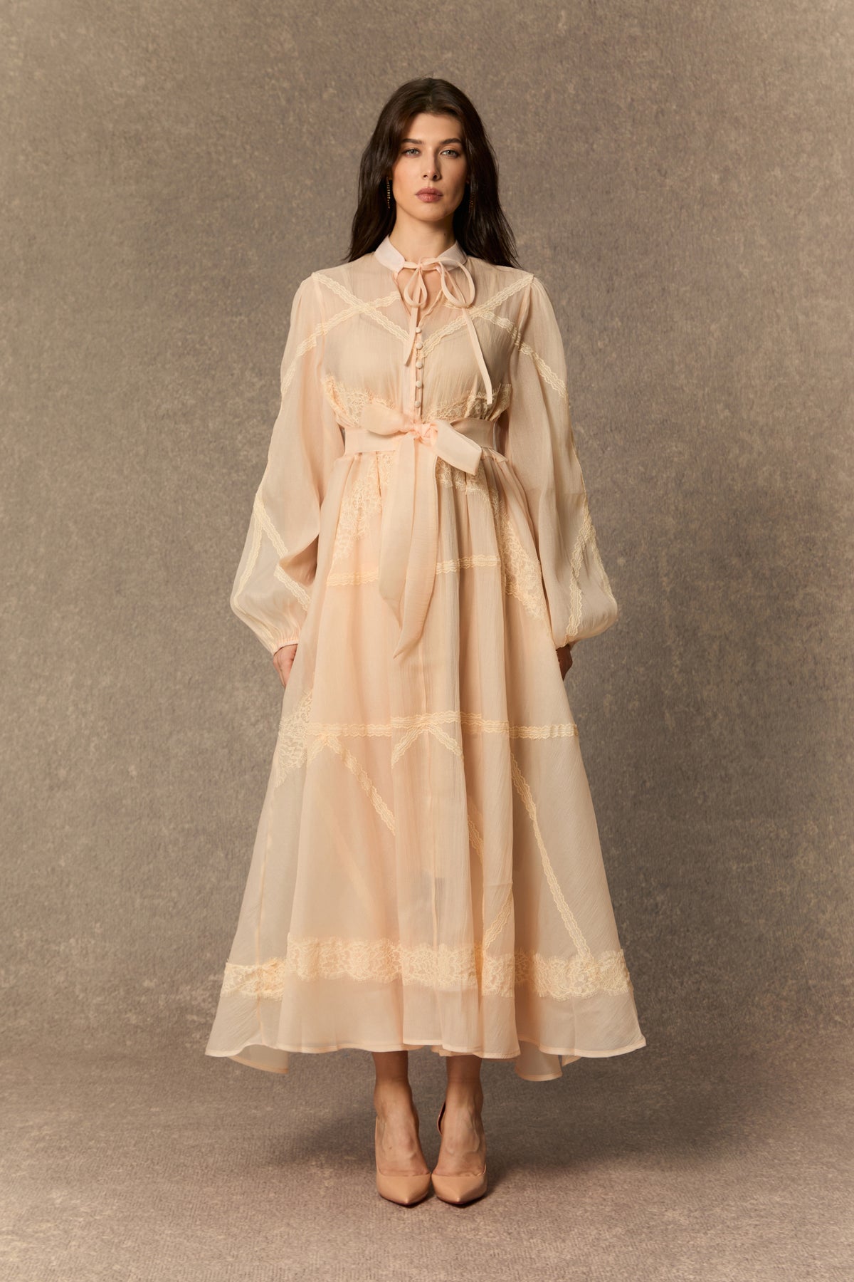 Lovely Details Beige Tie Neck Lace Panel Maxi Dress