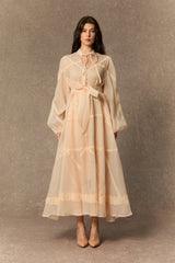 Lovely Details Beige Tie Neck Lace Panel Maxi Dress