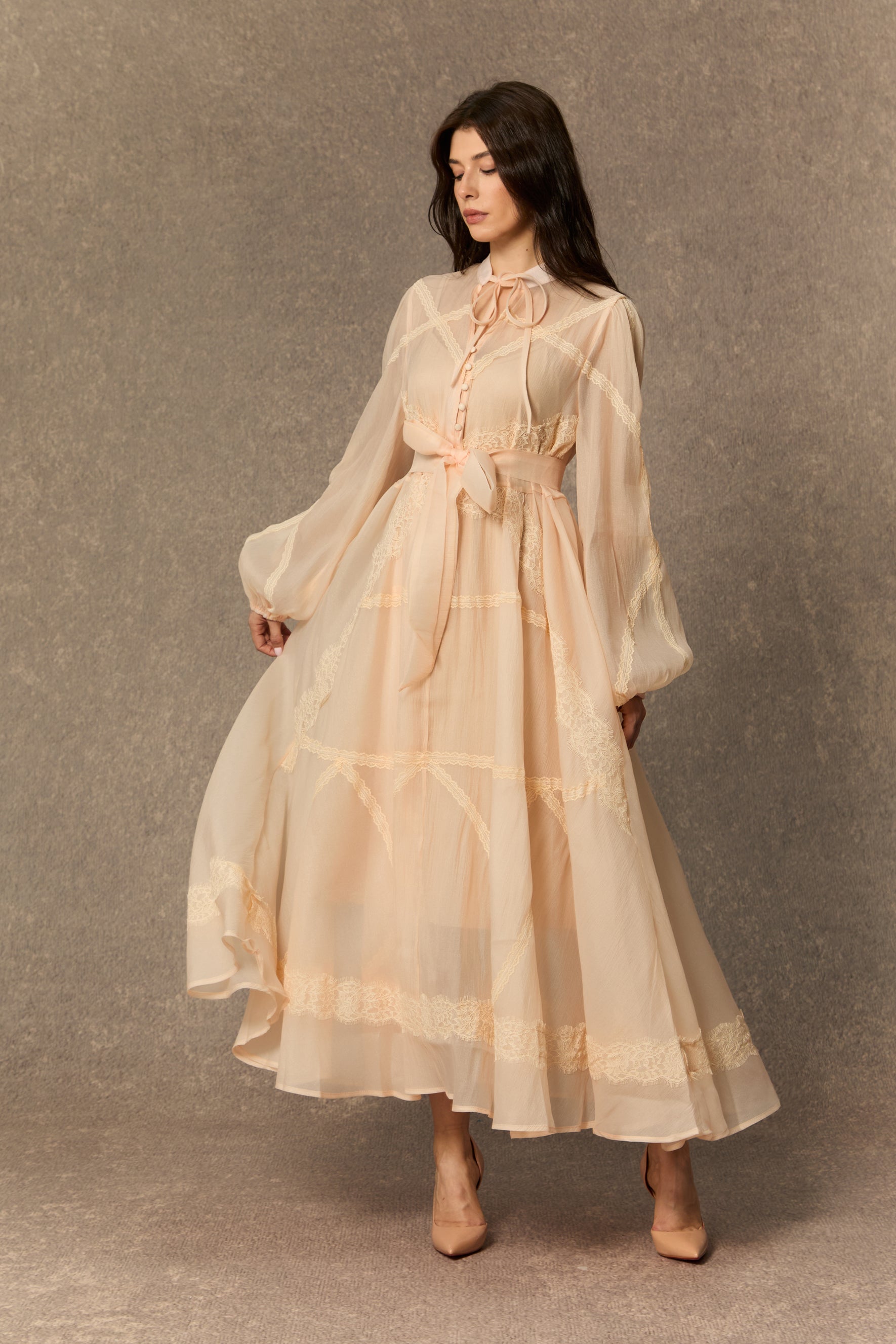 Lovely Details Beige Tie Neck Lace Panel Maxi Dress