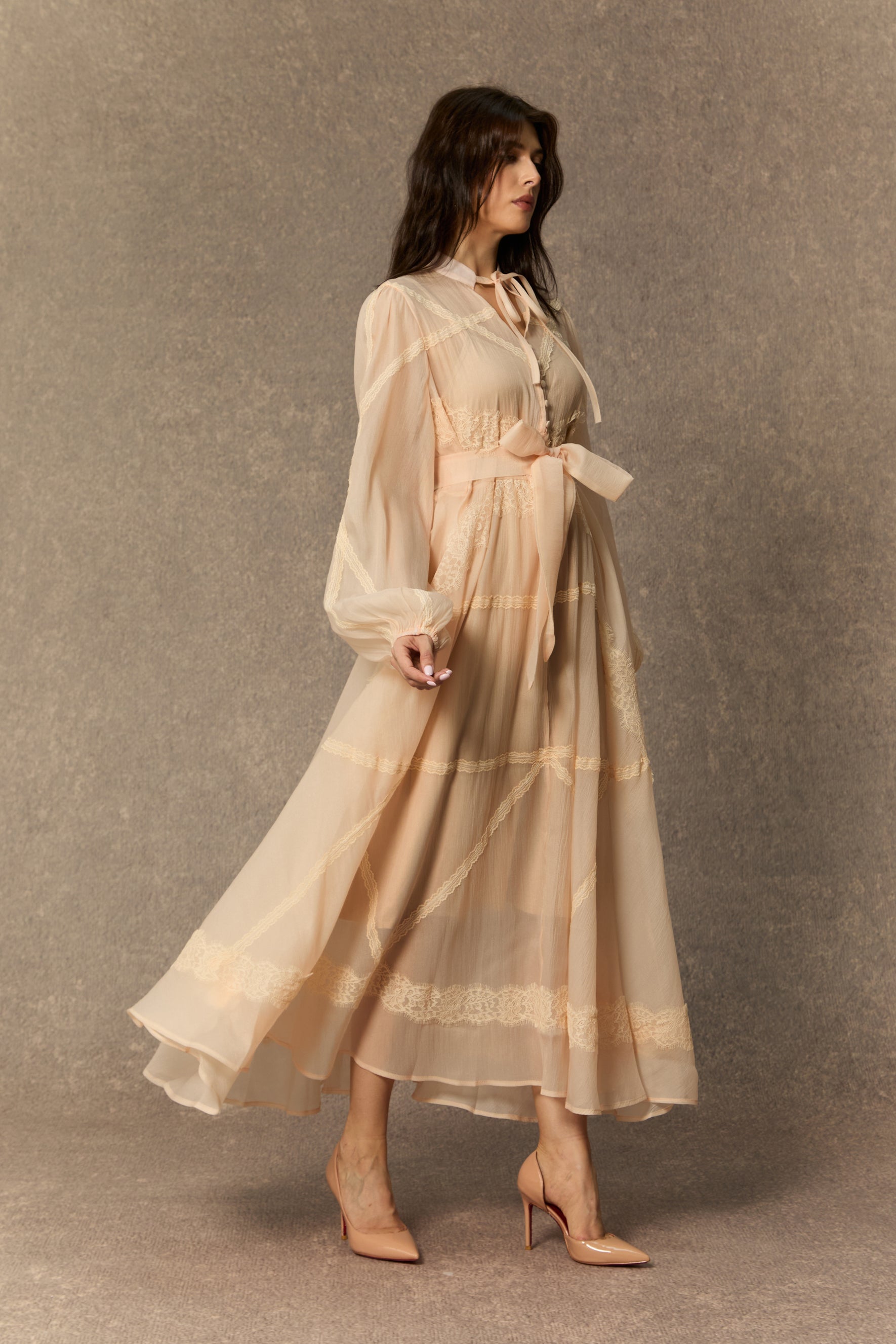 Lovely Details Beige Tie Neck Lace Panel Maxi Dress