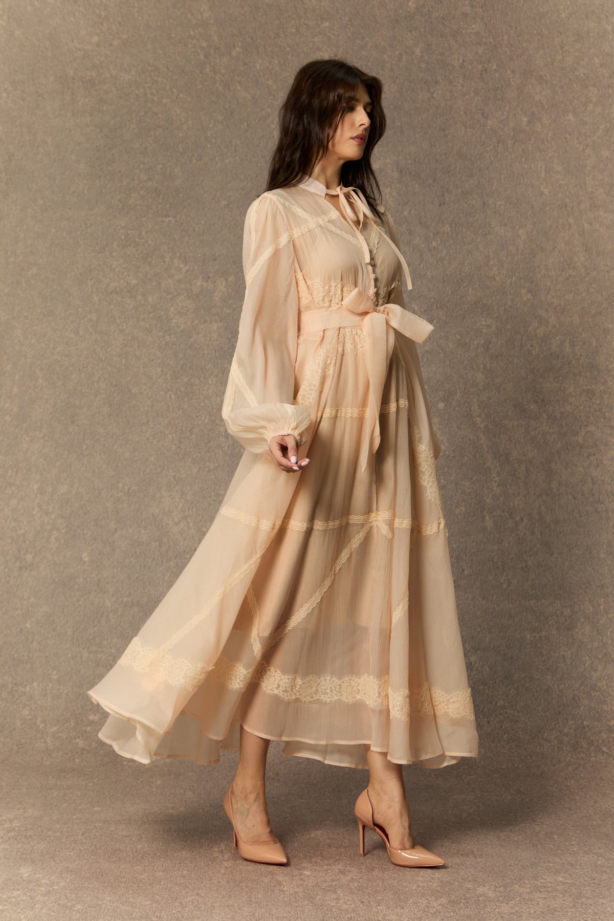 Lovely Details Beige Tie Neck Lace Panel Maxi Dress
