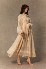 Lovely Details Beige Tie Neck Lace Panel Maxi Dress