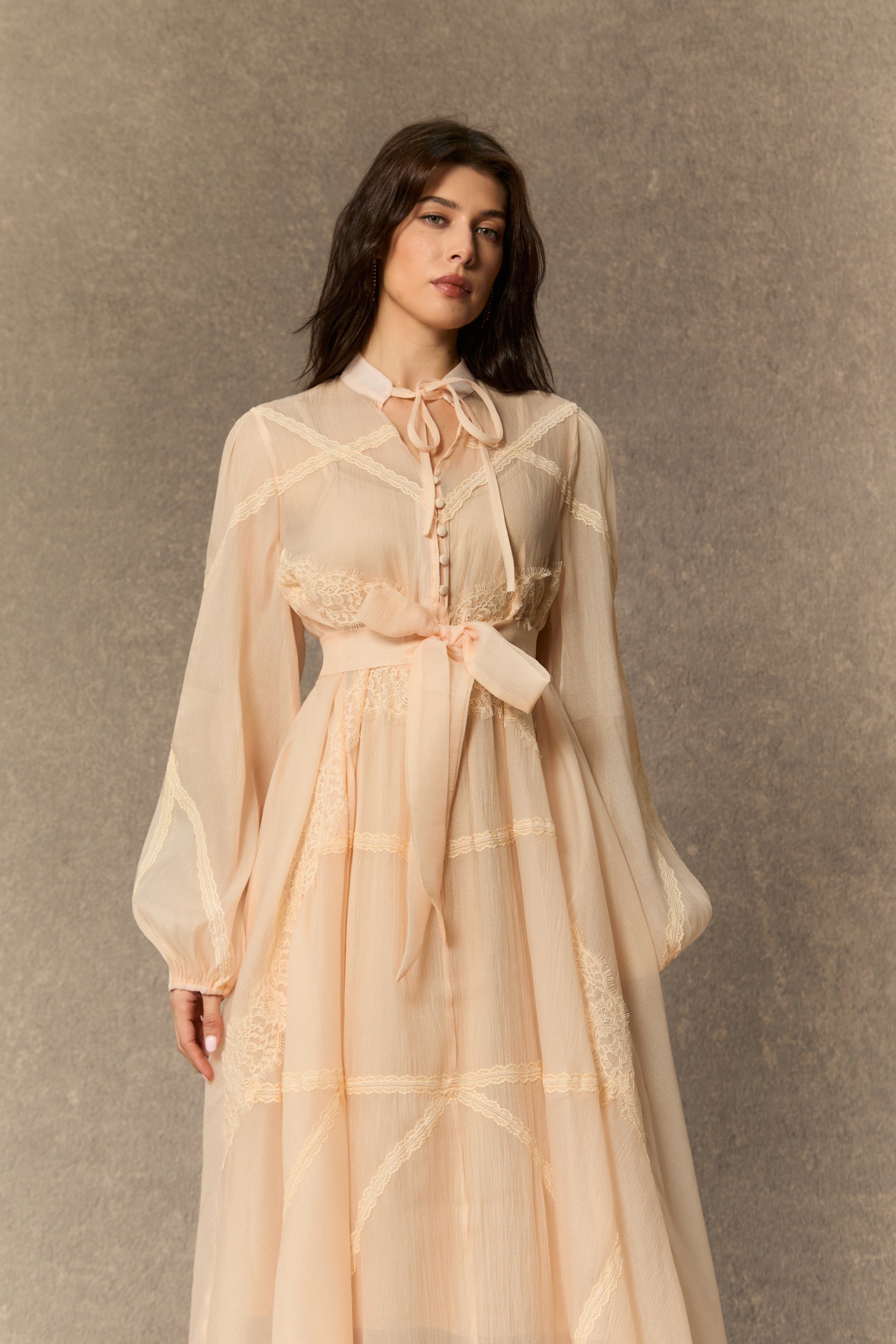 Lovely Details Beige Tie Neck Lace Panel Maxi Dress
