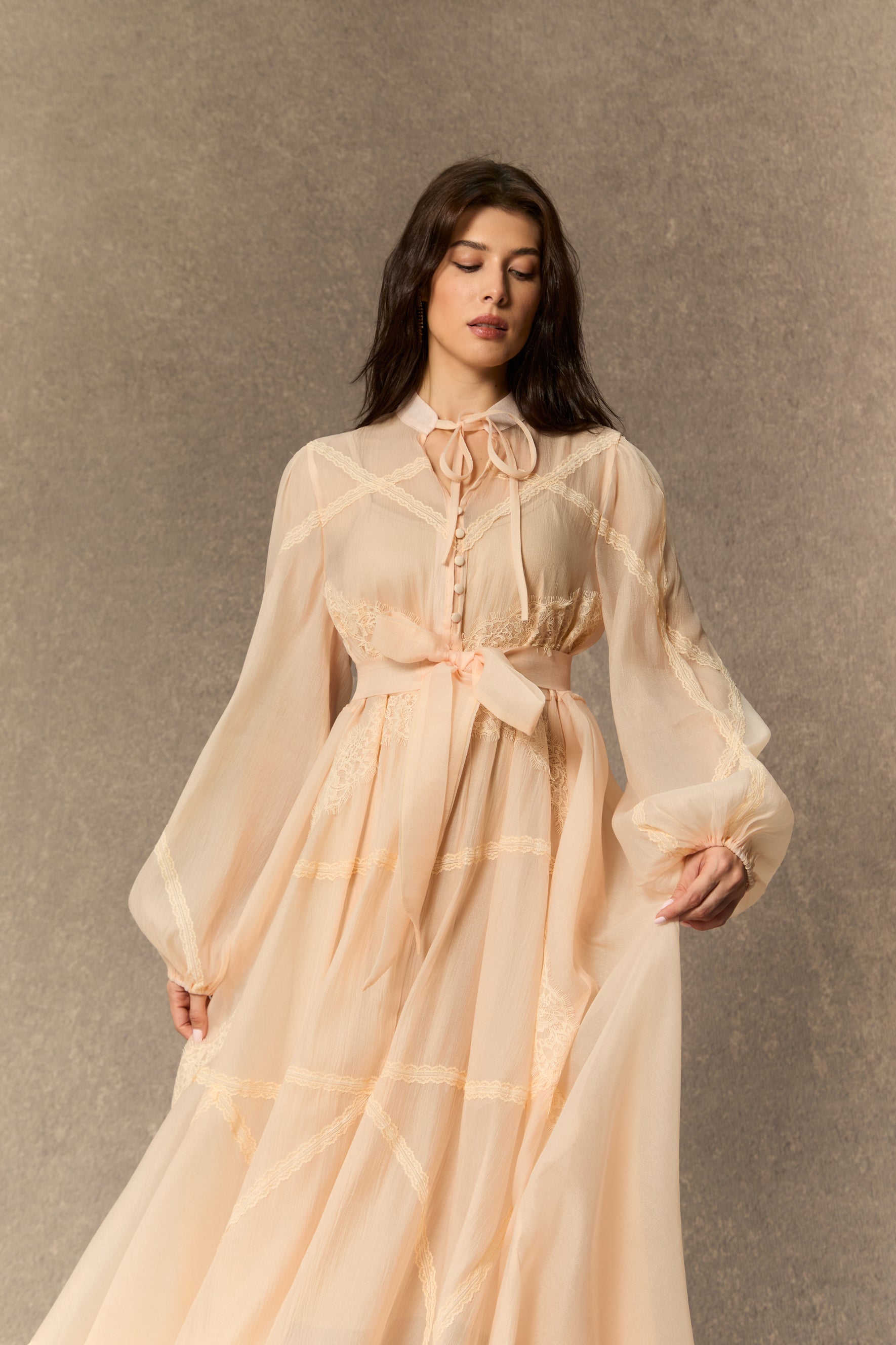 Lovely Details Beige Tie Neck Lace Panel Maxi Dress