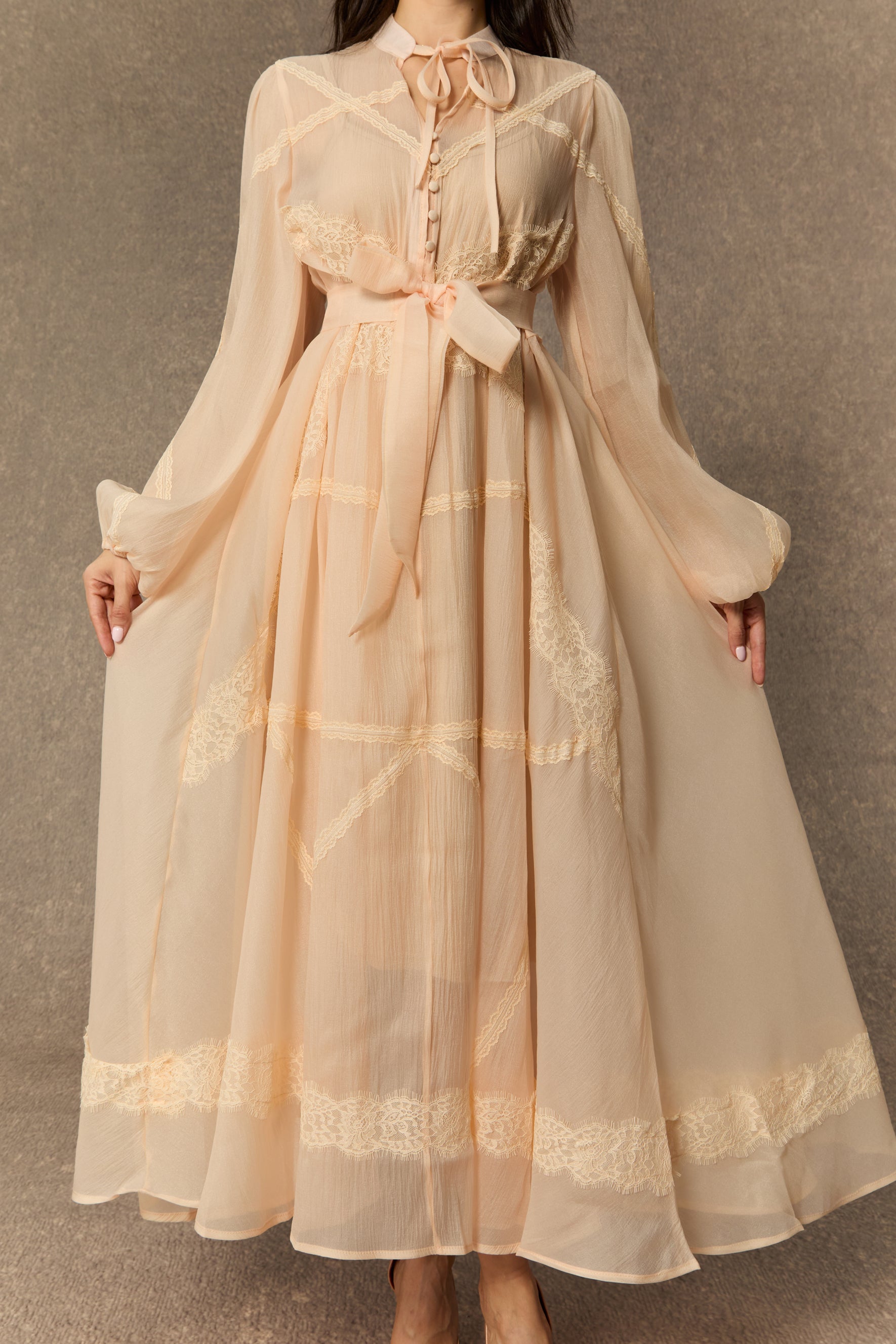 Lovely Details Beige Tie Neck Lace Panel Maxi Dress
