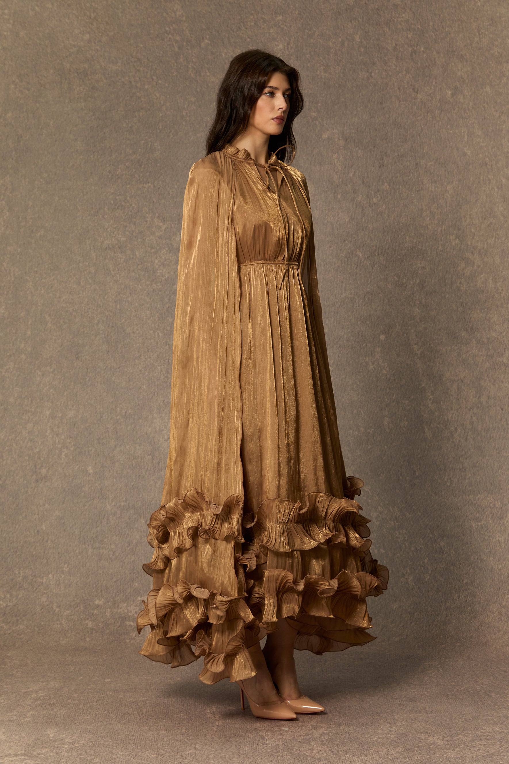 Shirley Cape-effect Ruffled Midi Dress