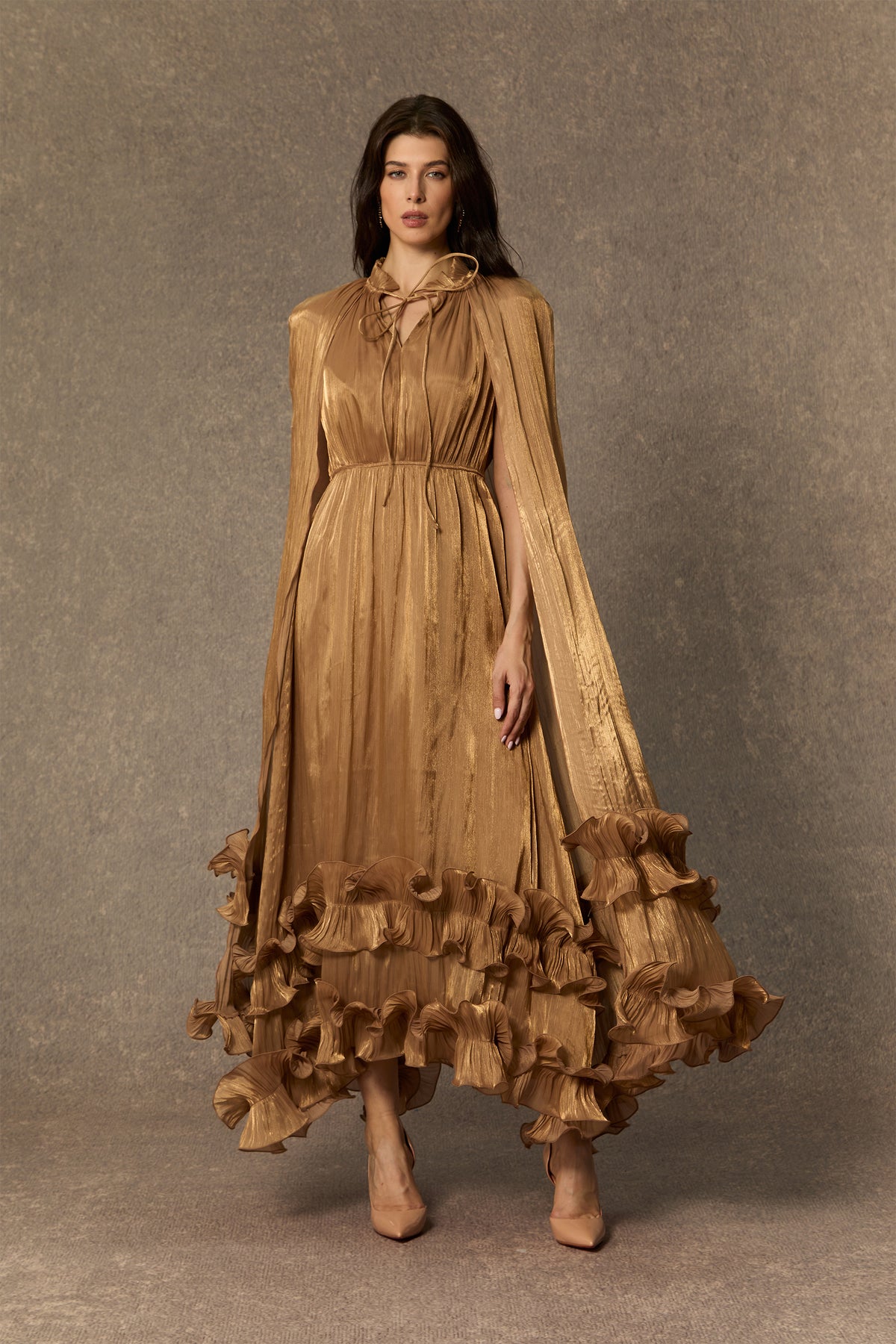 Shirley Cape-effect Ruffled Midi Dress