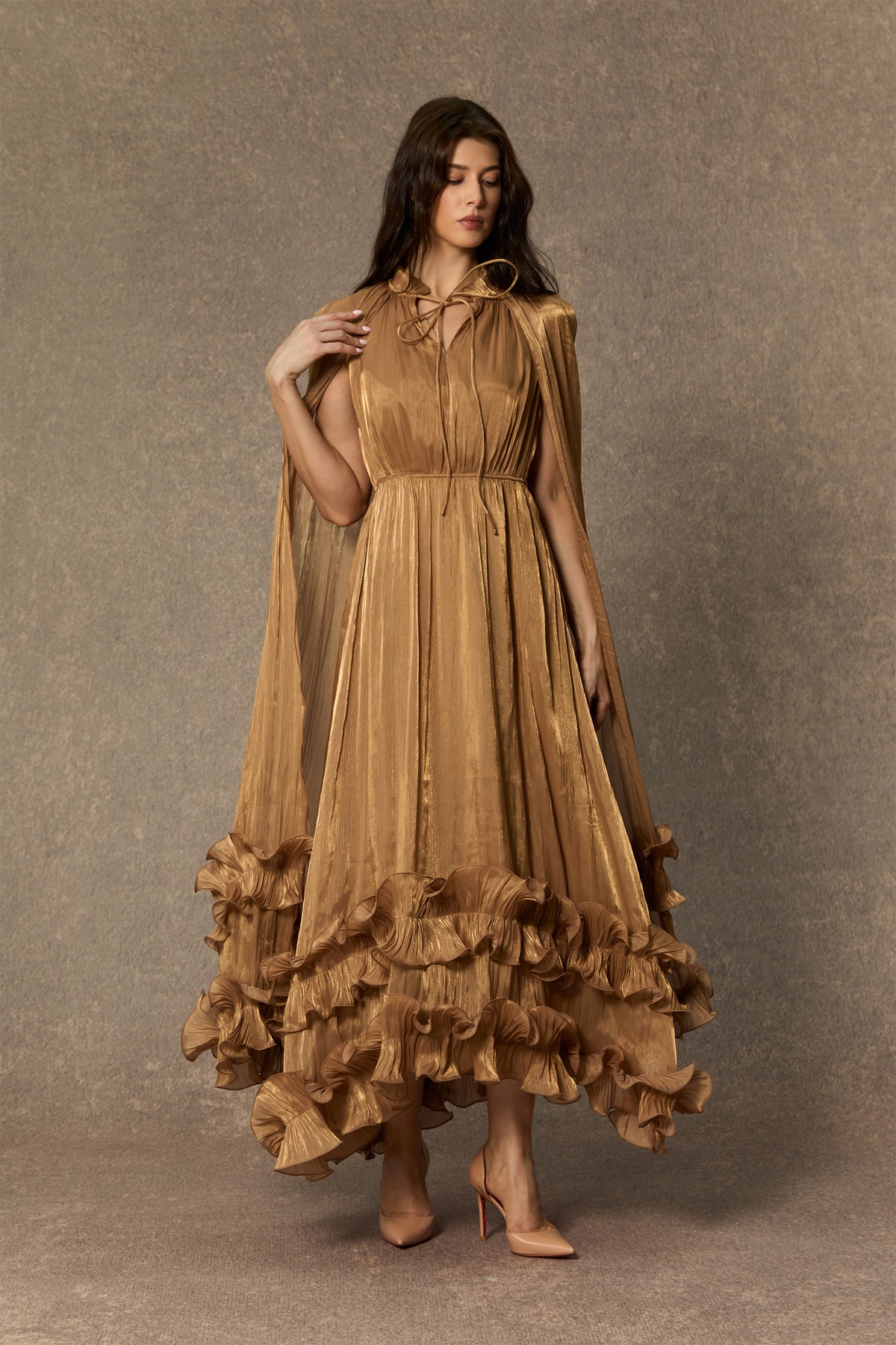 Shirley Cape-effect Ruffled Midi Dress