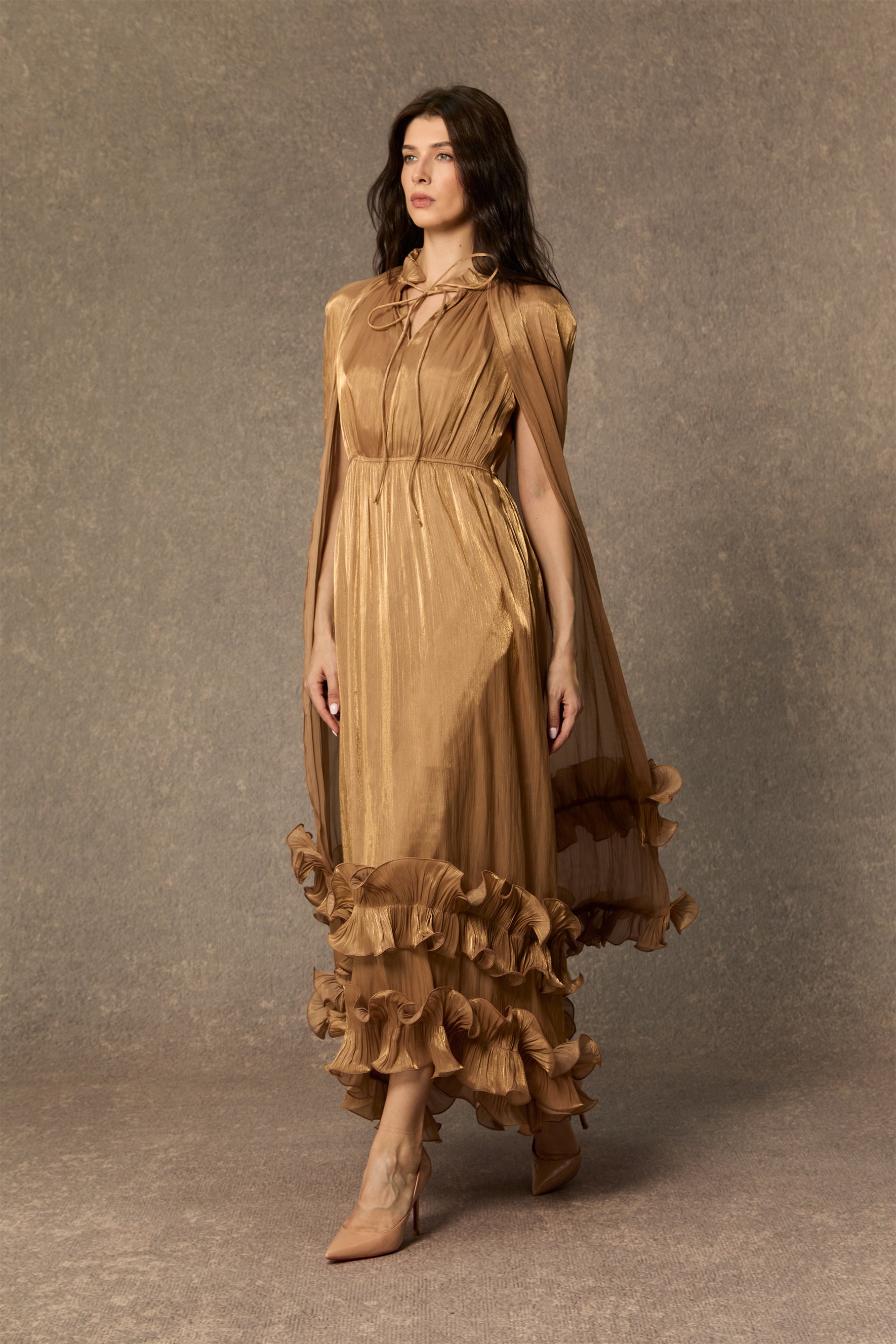 Shirley Cape-effect Ruffled Midi Dress