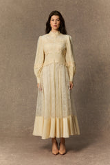 Deep Dreams Beige Lace Embroidered Lantern Sleeve Maxi Dress
