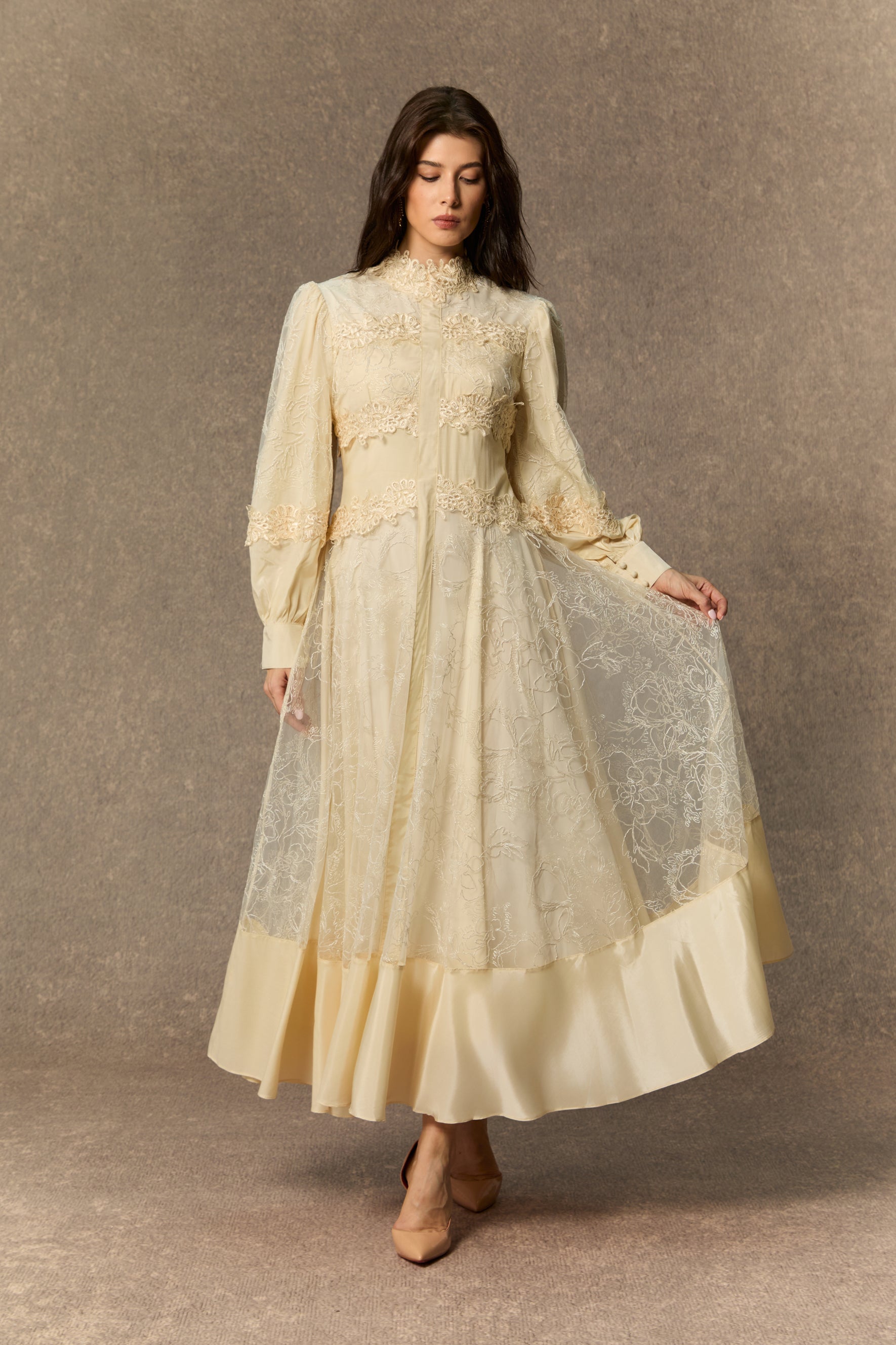 Deep Dreams Beige Lace Embroidered Lantern Sleeve Maxi Dress