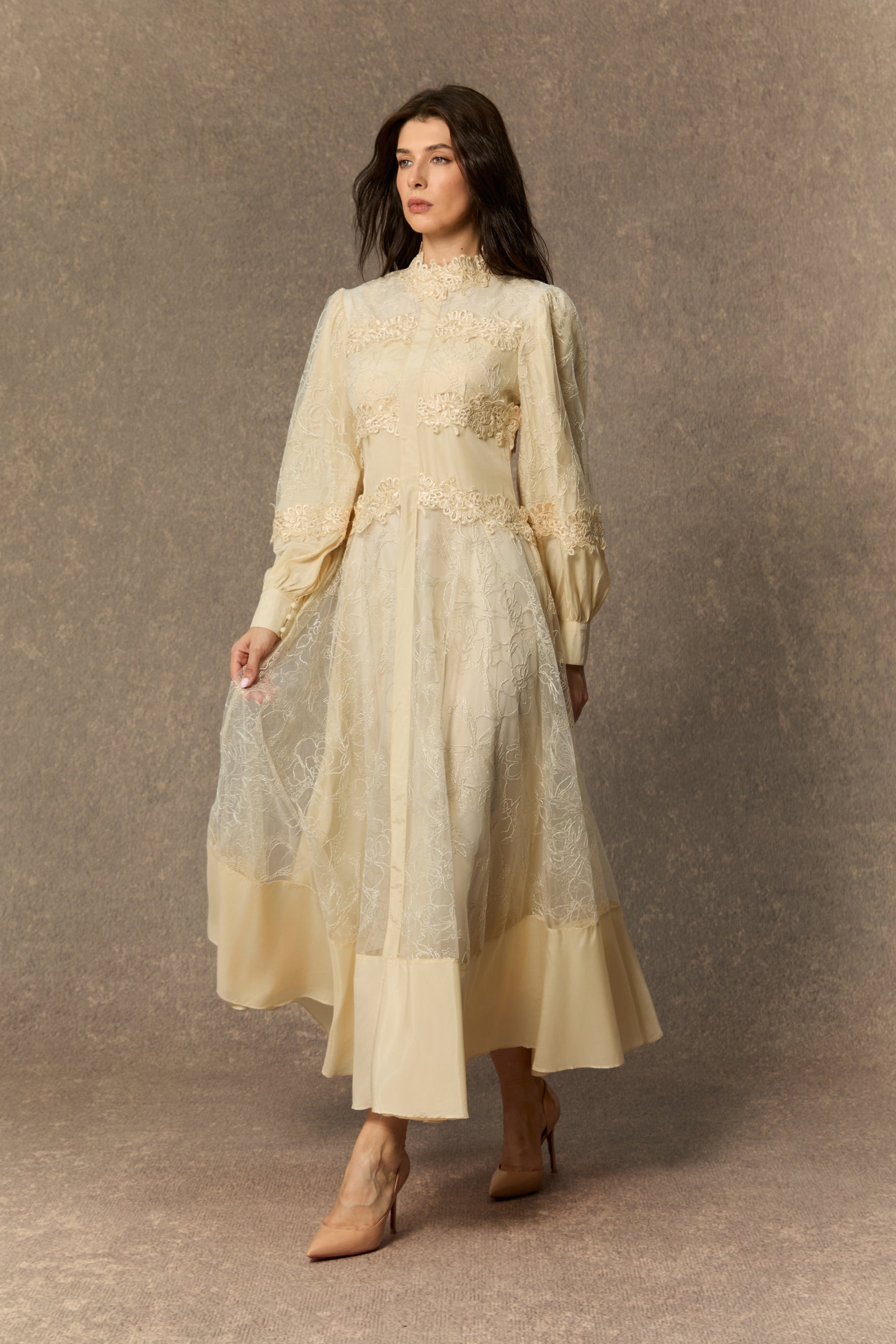 Deep Dreams Beige Lace Embroidered Lantern Sleeve Maxi Dress
